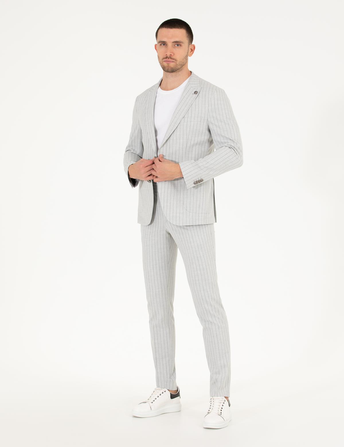 Gri Ex. Slim Fit Çizgili Spor Takım Elbise