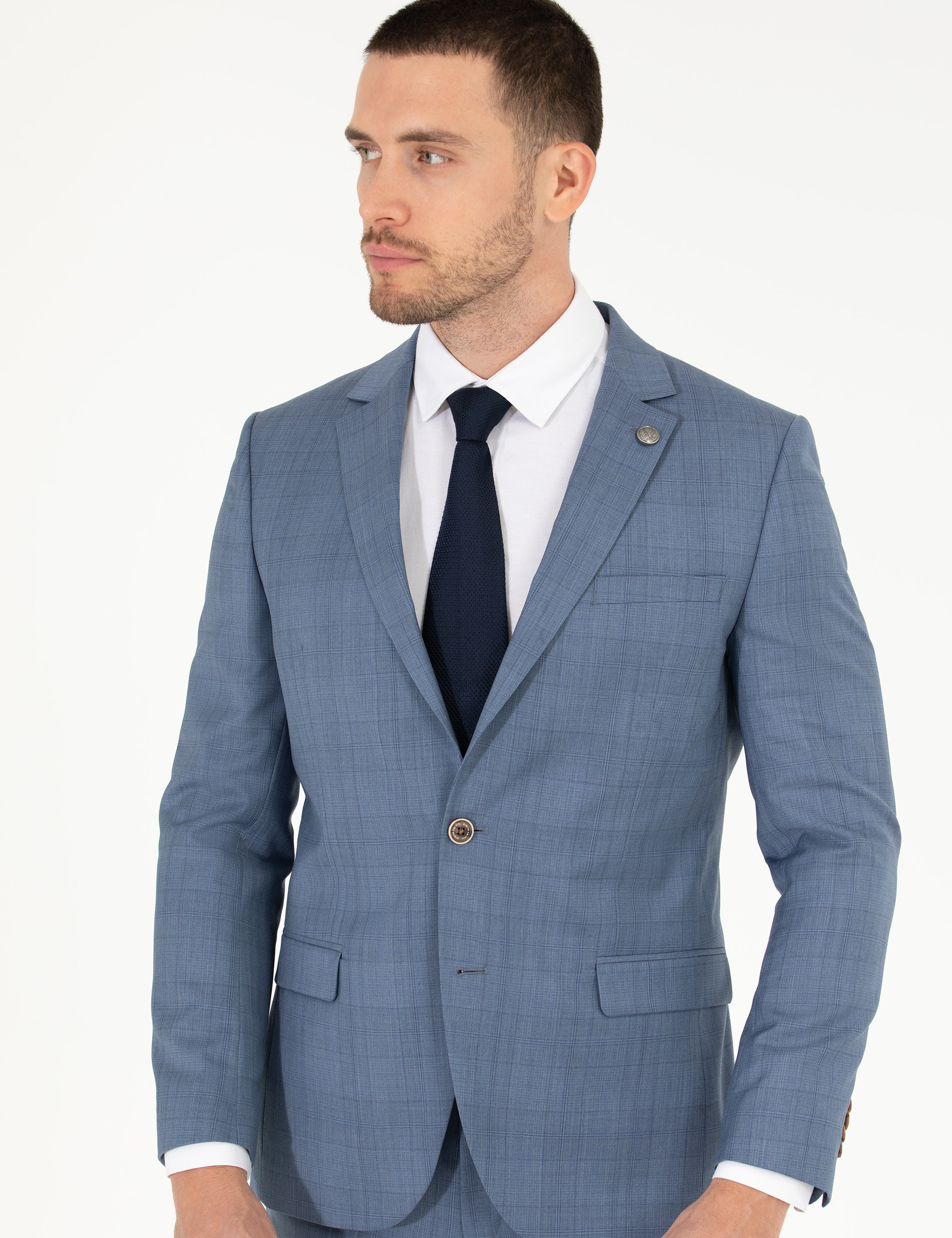%100 Yün Mavi Ekstra Slim Fit Takım Elbise - Image 3