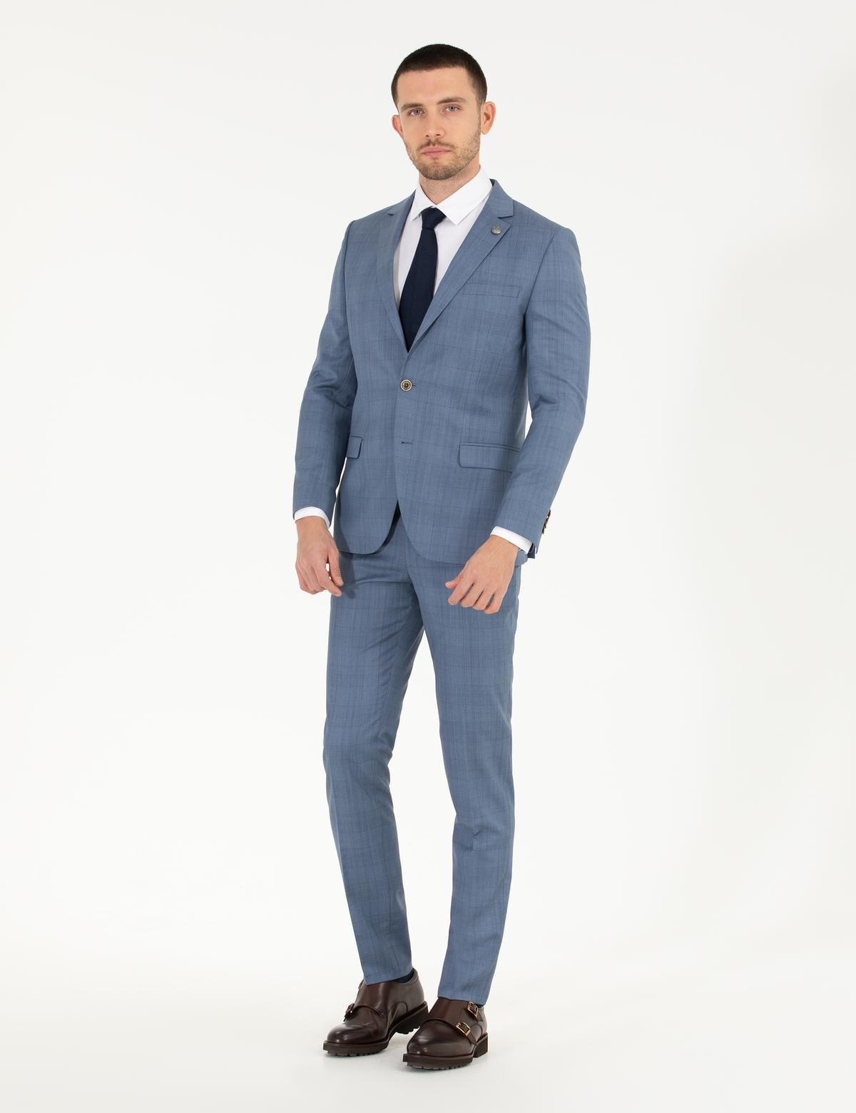 %100 Yün Mavi Ekstra Slim Fit Takım Elbise - 50264963005