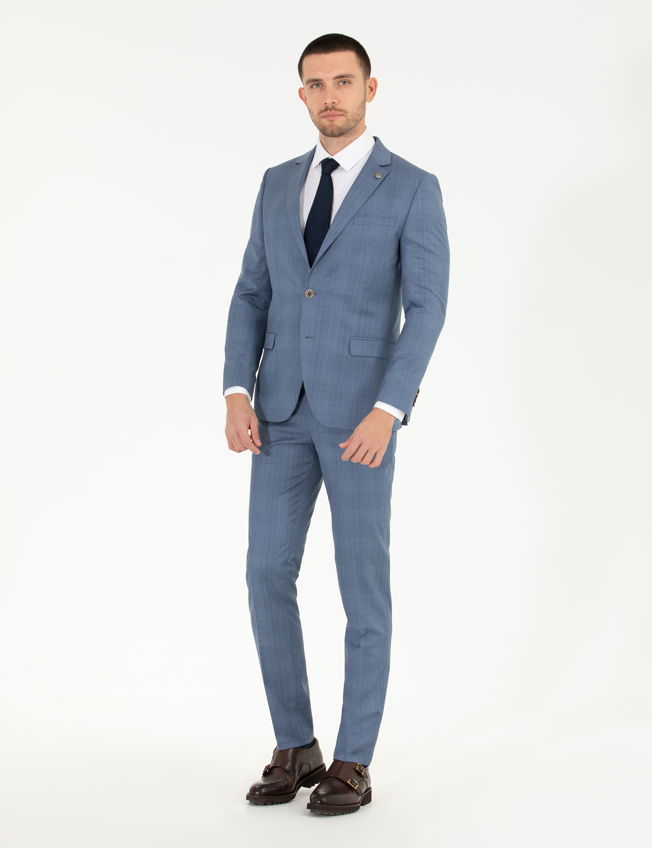 %100 Yün Mavi Ekstra Slim Fit Takım Elbise - Image 4