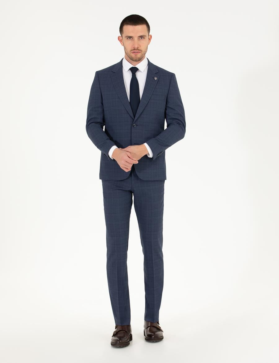 Ekose İndigo Slim Fit Takım Elbise