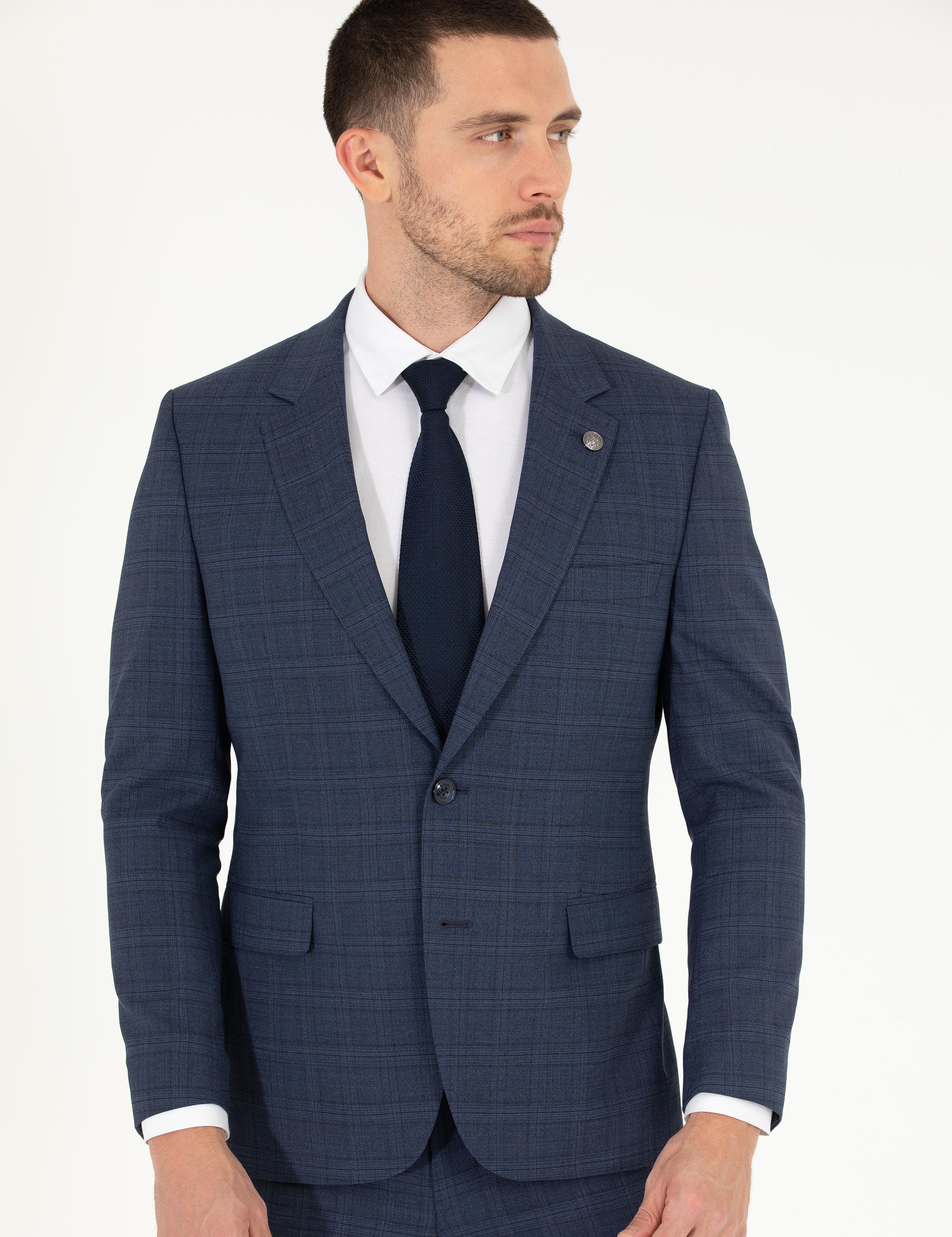 Ekose İndigo Slim Fit Takım Elbise