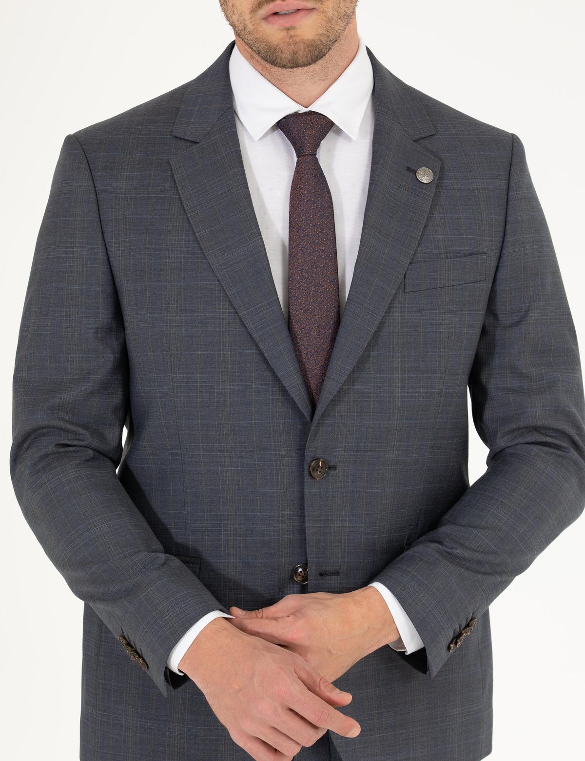 %100 Yün Gri Slim Fit Takım Elbise - 50265018005