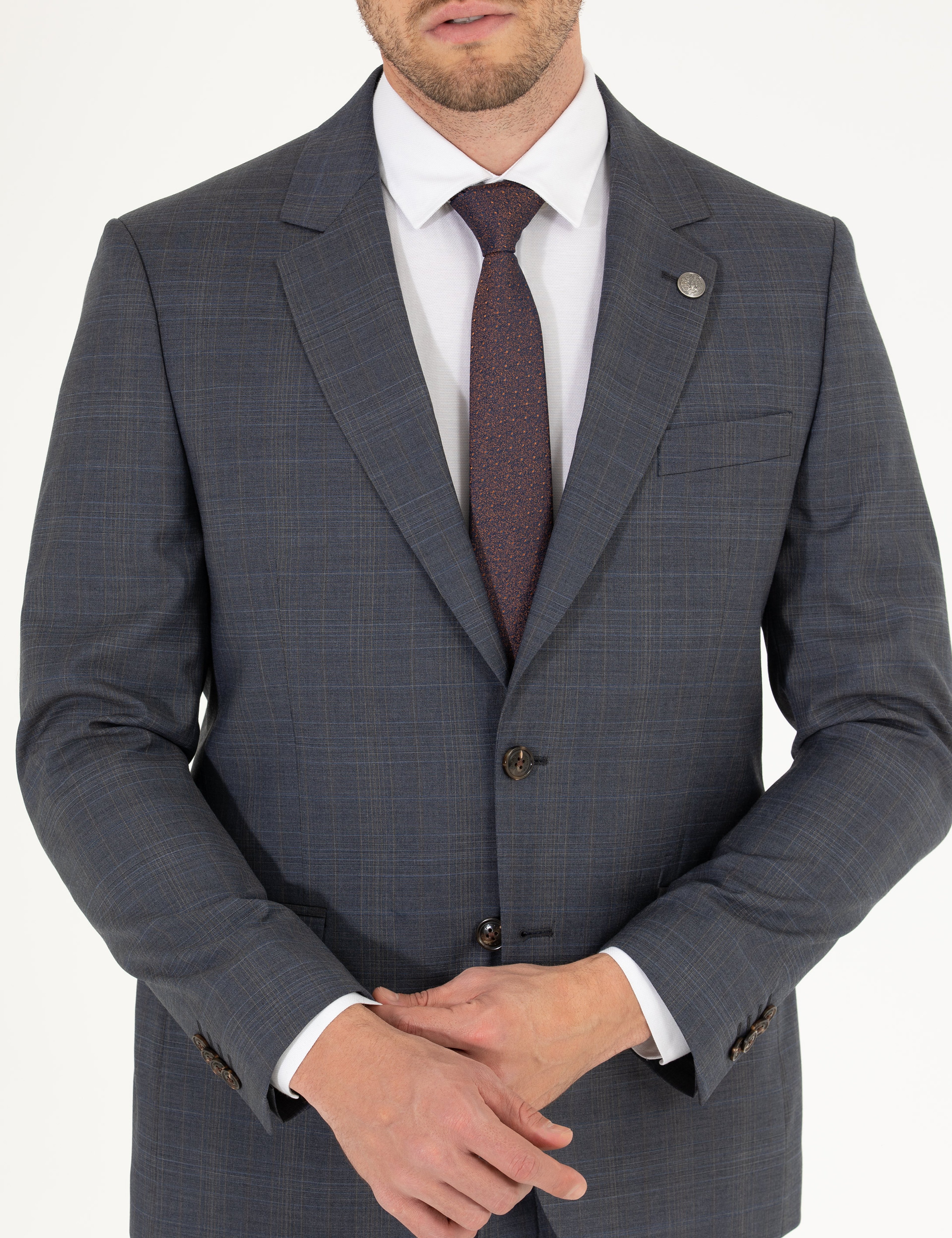 %100 Yün Gri Slim Fit Takım Elbise - Image 6