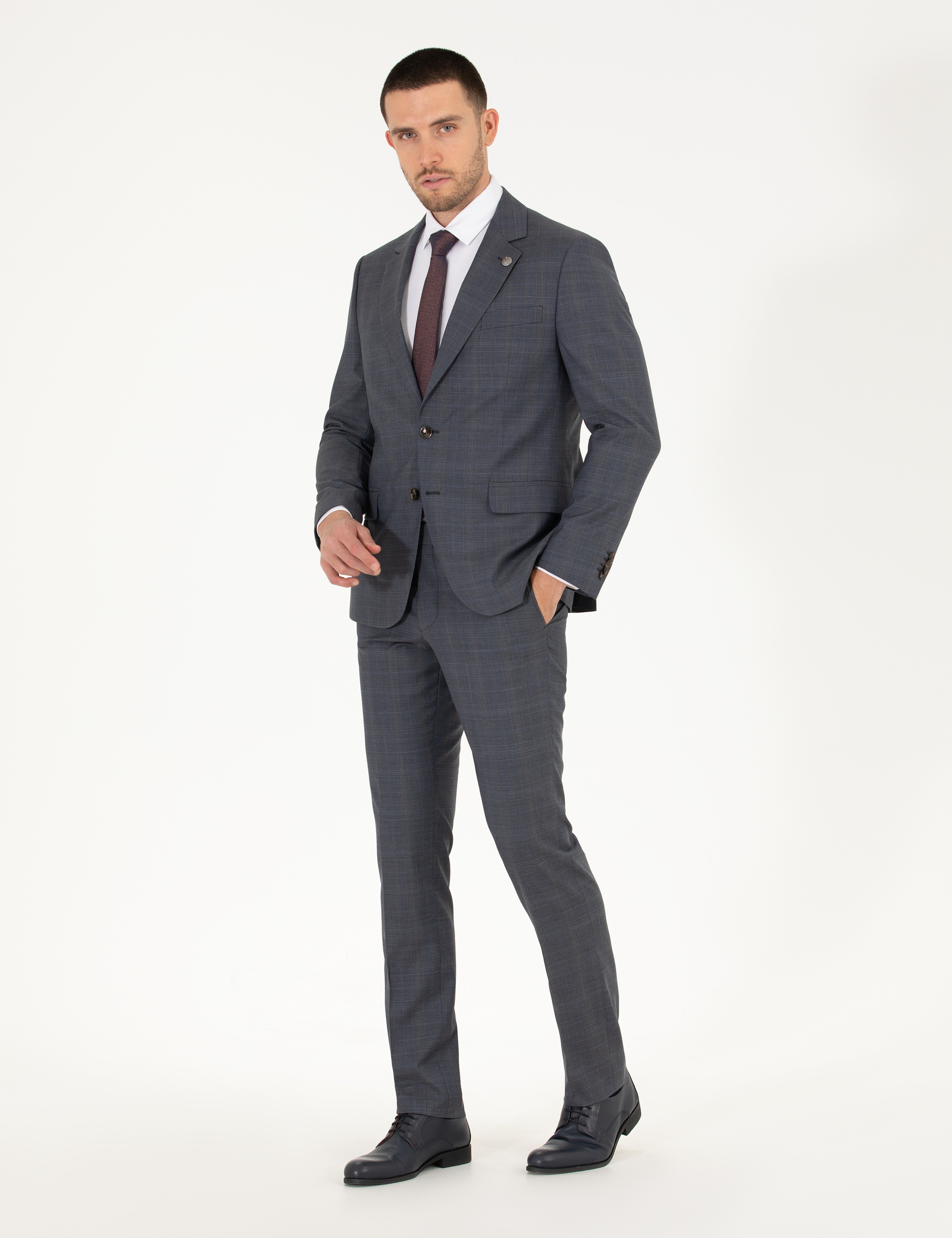 %100 Yün Gri Slim Fit Takım Elbise - Image 1