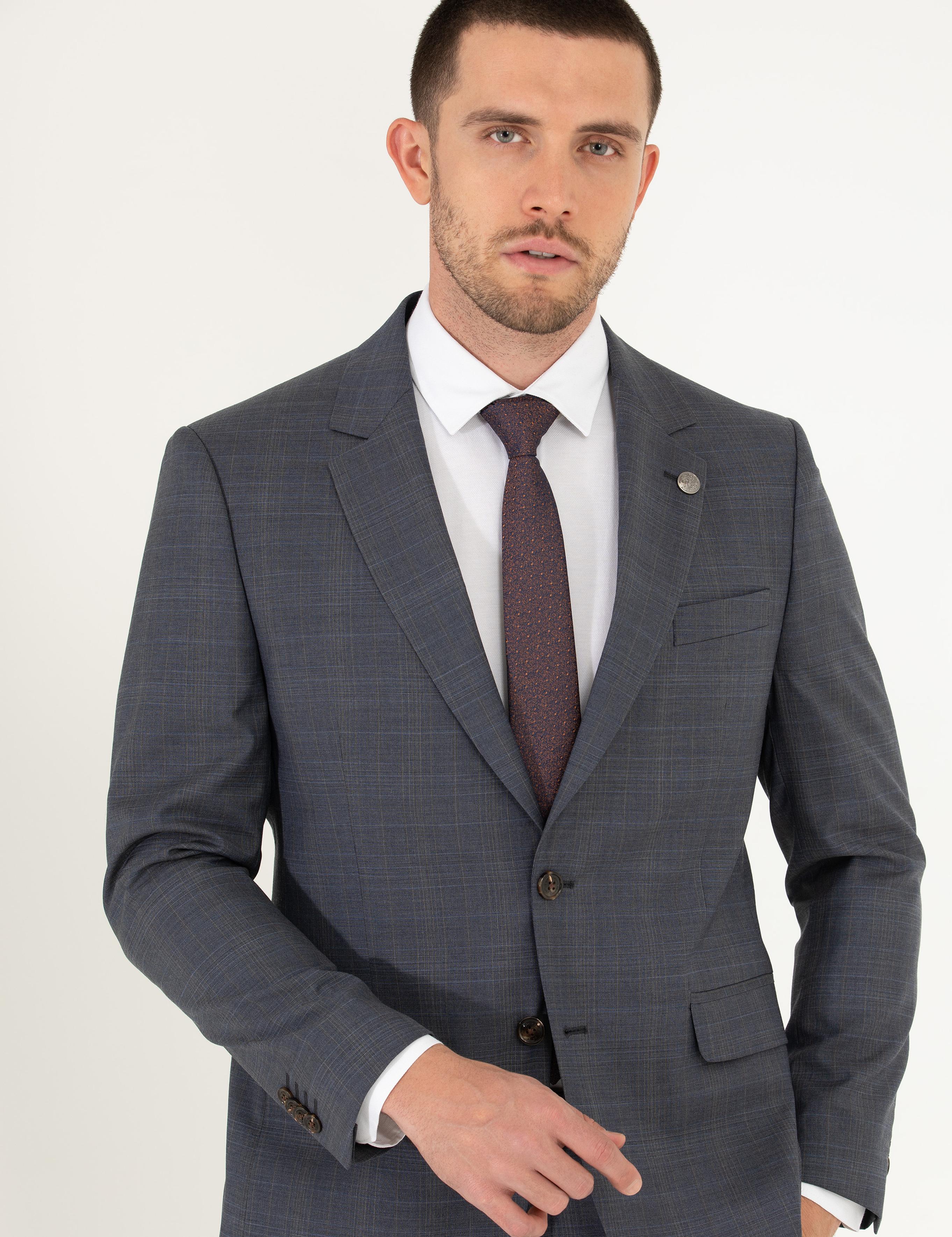 %100 Yün Gri Slim Fit Takım Elbise