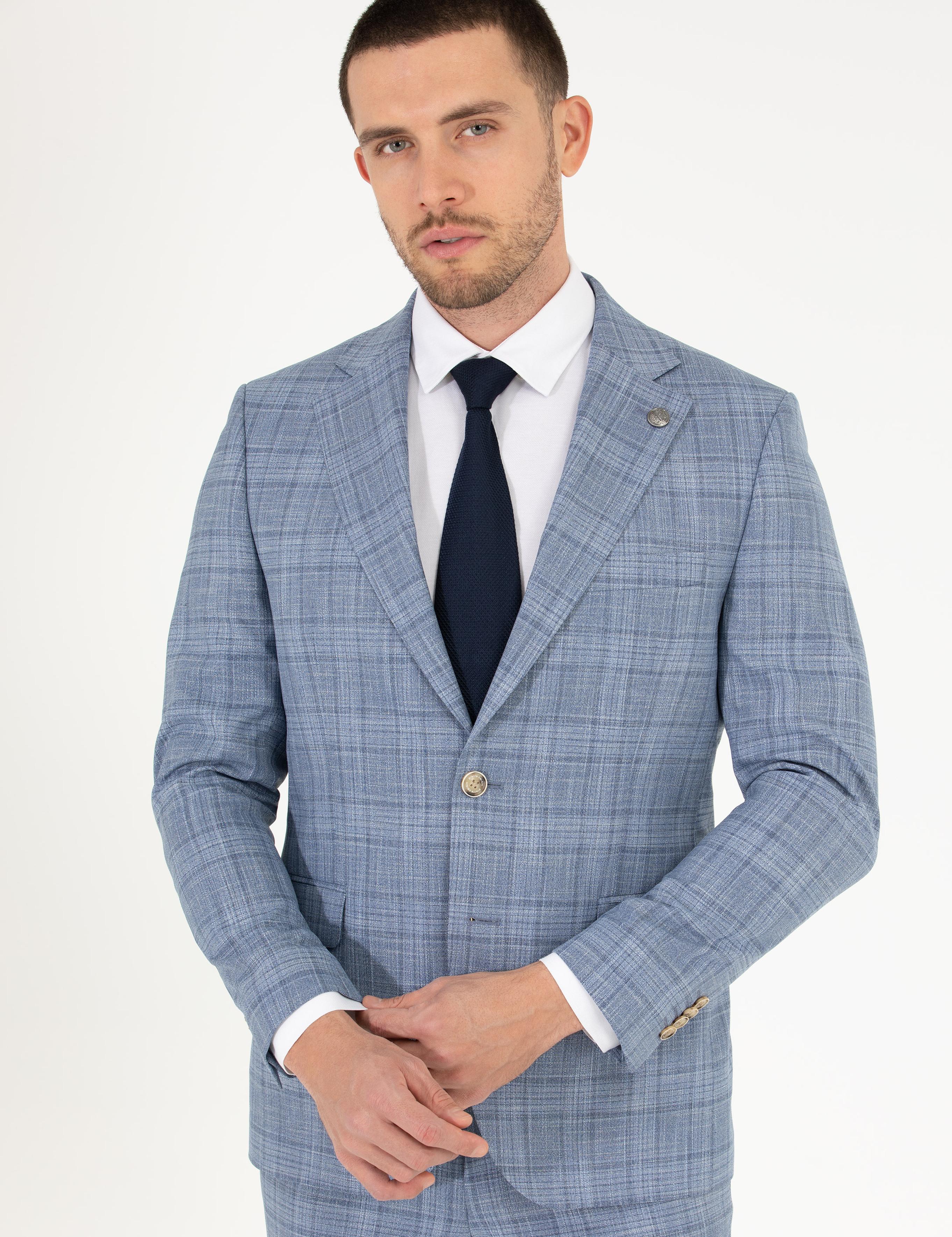 Ekose Açık Mavi Slim Fit Takım Elbise