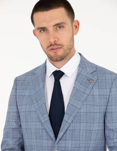 Ekose Açık Mavi Slim Fit Takım Elbise