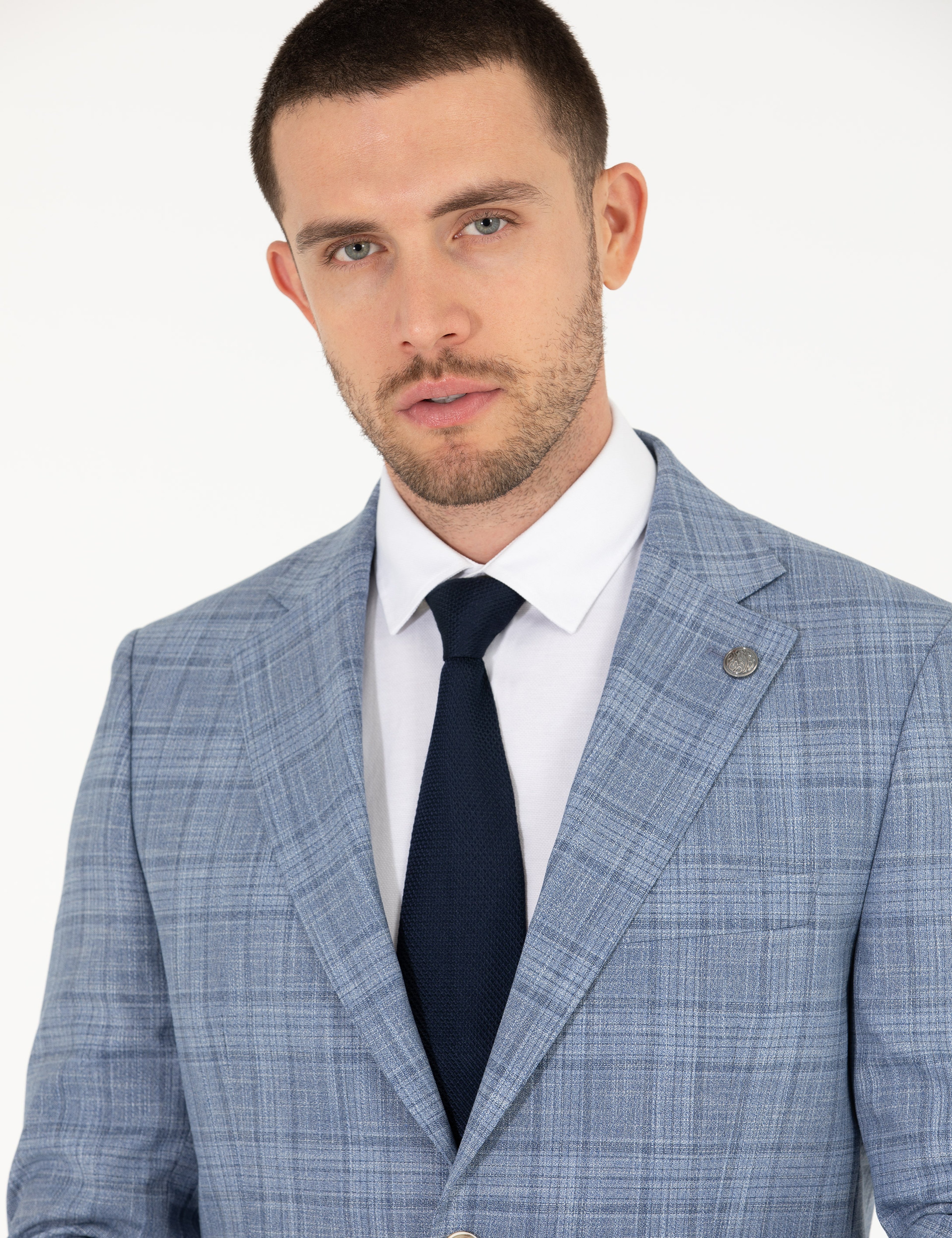 Ekose Açık Mavi Slim Fit Takım Elbise