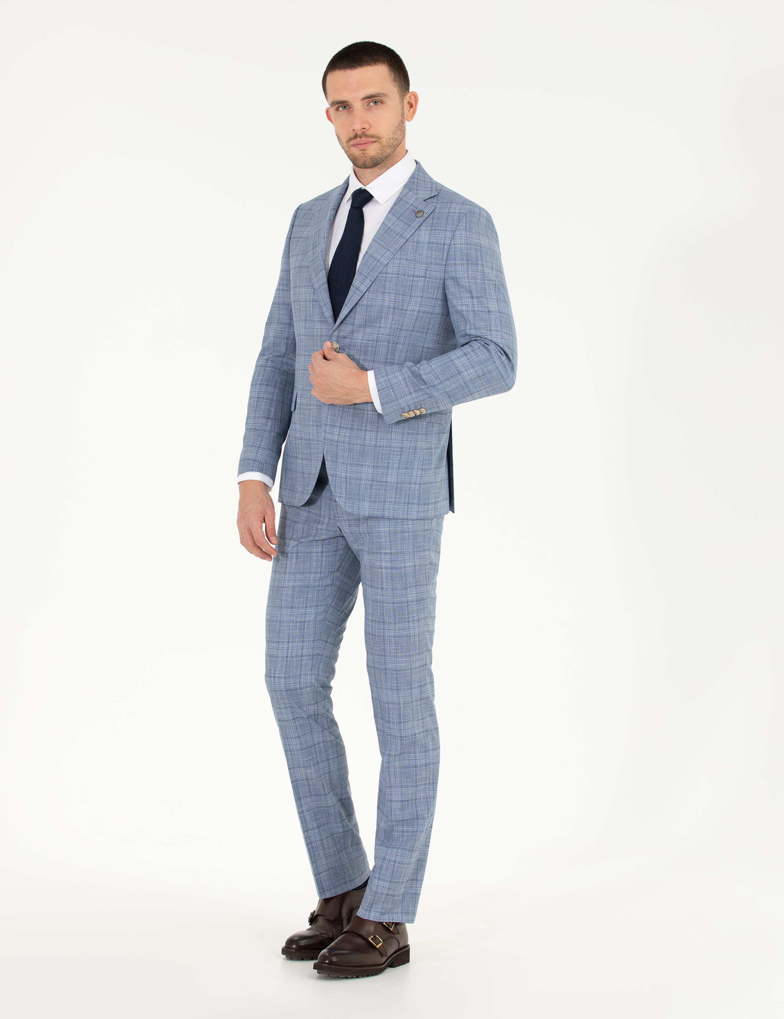 Ekose Açık Mavi Slim Fit Takım Elbise