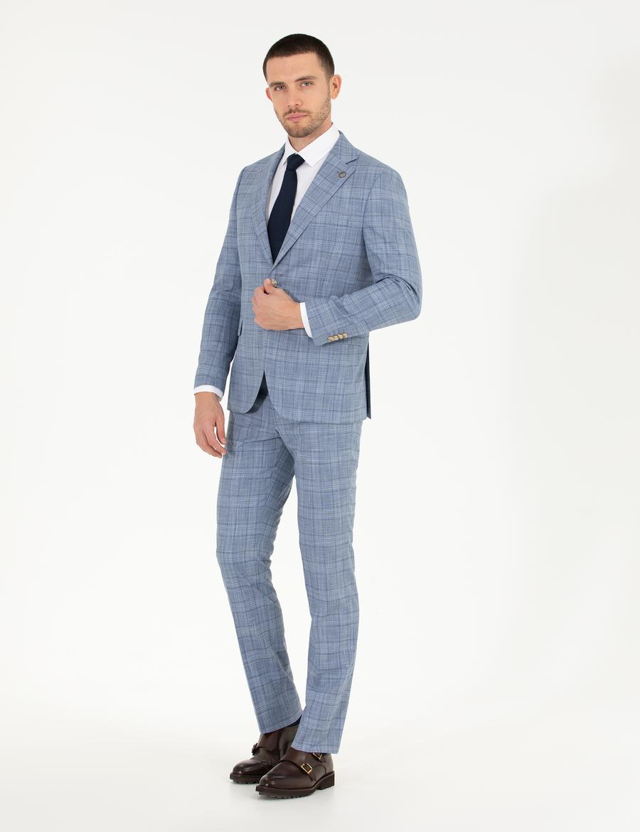 Ekose Açık Mavi Slim Fit Takım Elbise