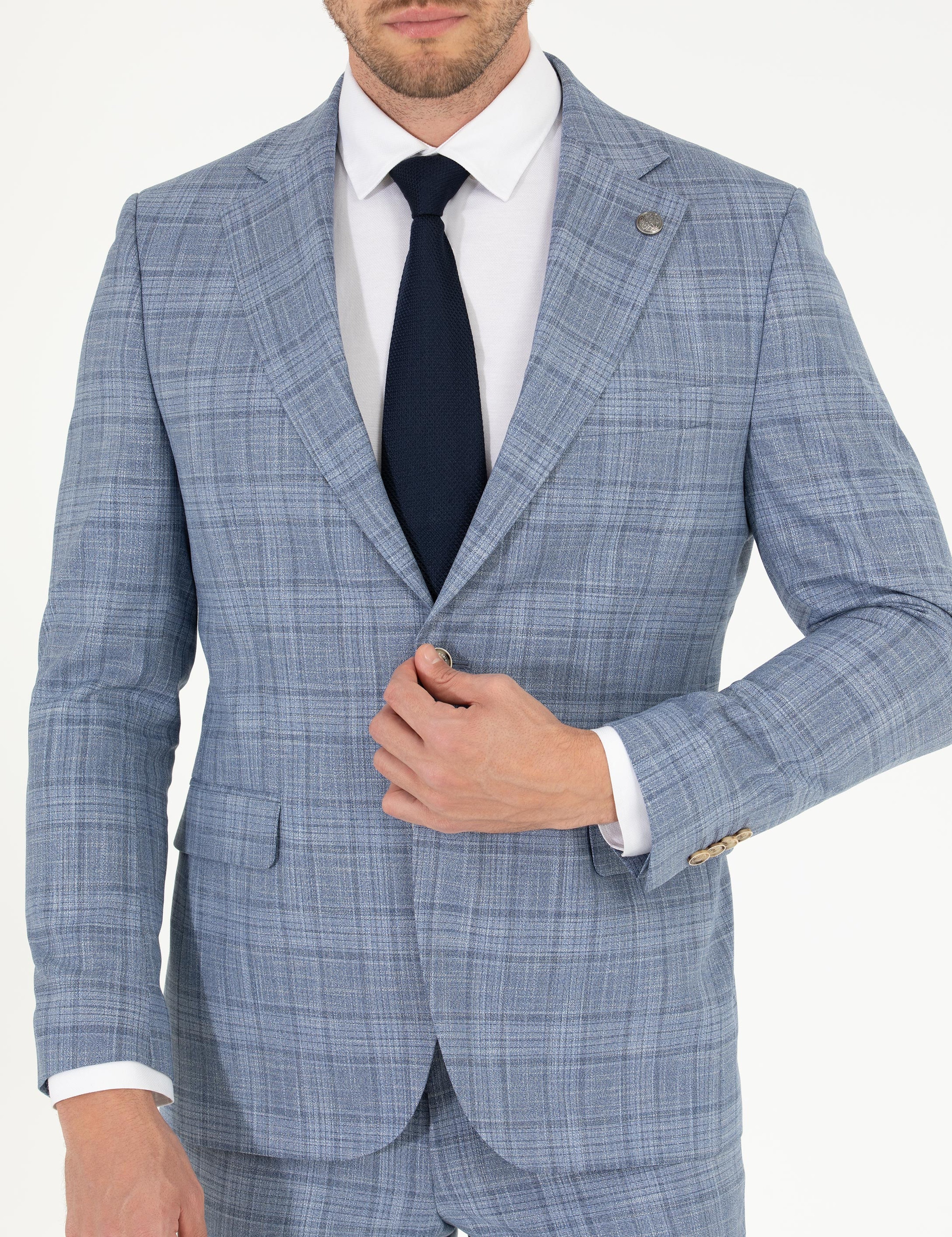 Ekose Açık Mavi Slim Fit Takım Elbise