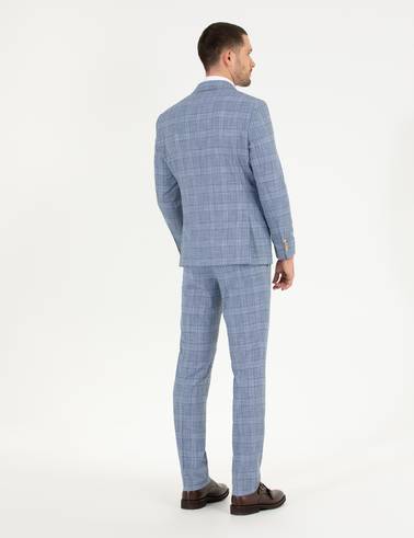 Ekose Açık Mavi Slim Fit Takım Elbise