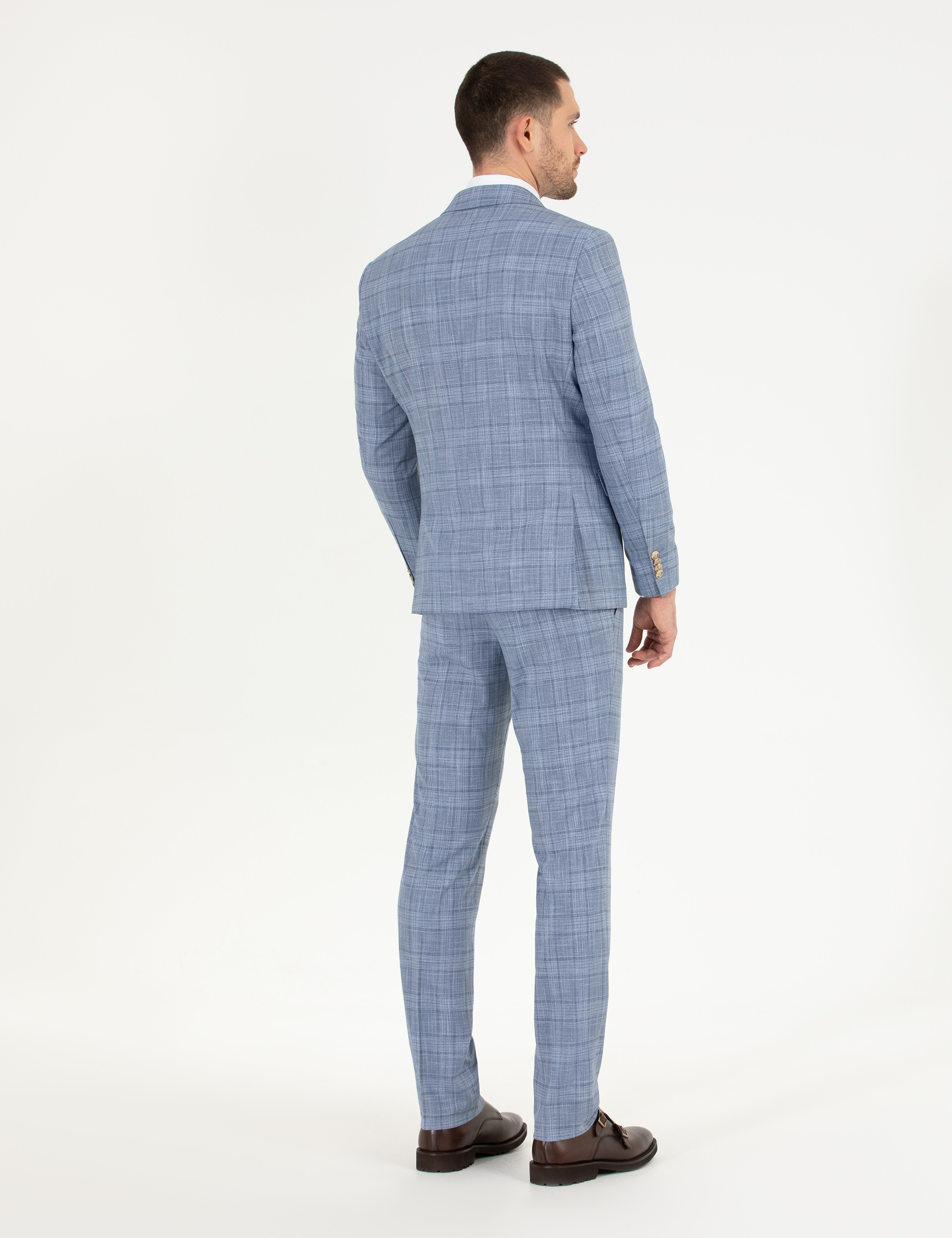Ekose Açık Mavi Slim Fit Takım Elbise