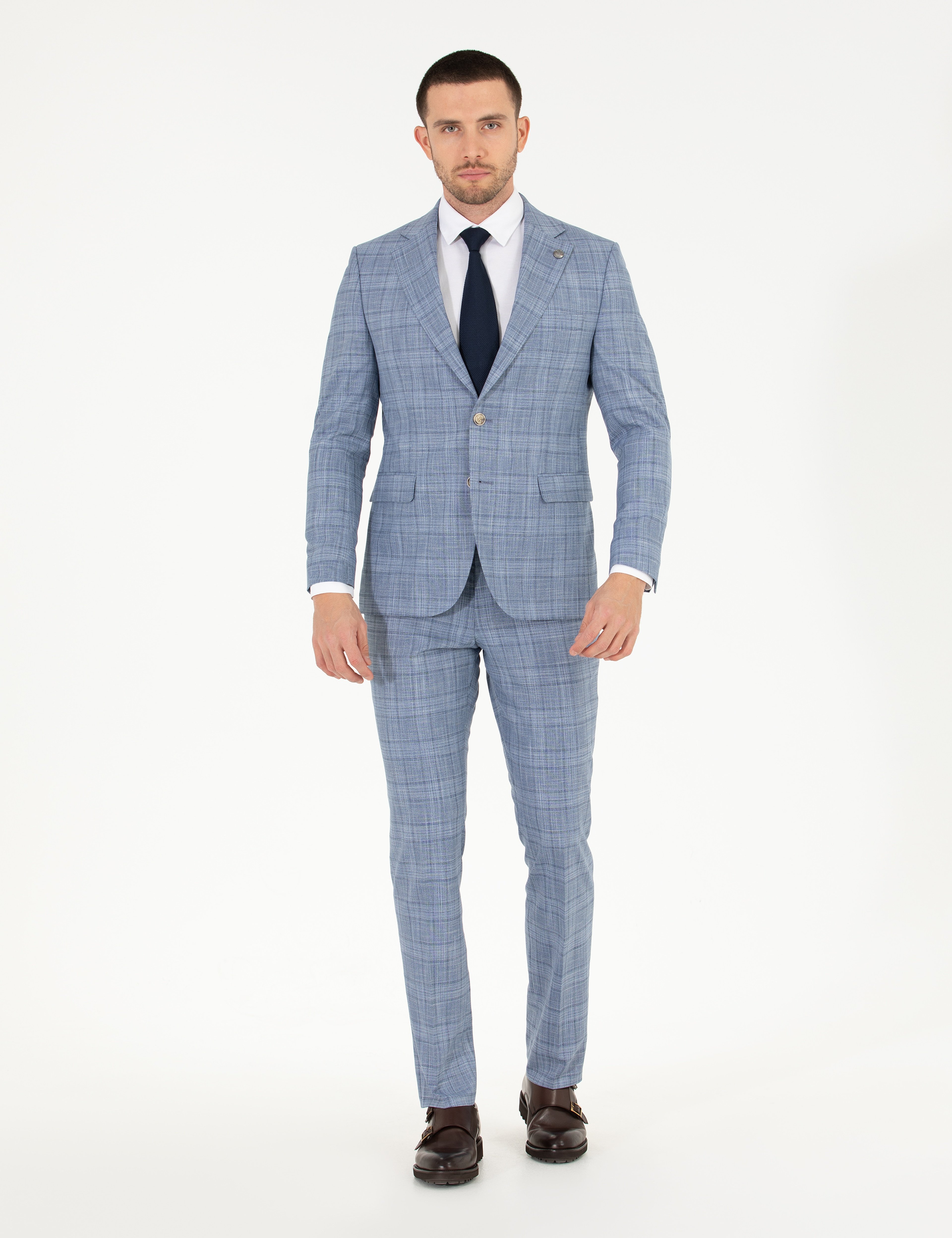 Ekose Açık Mavi Slim Fit Takım Elbise