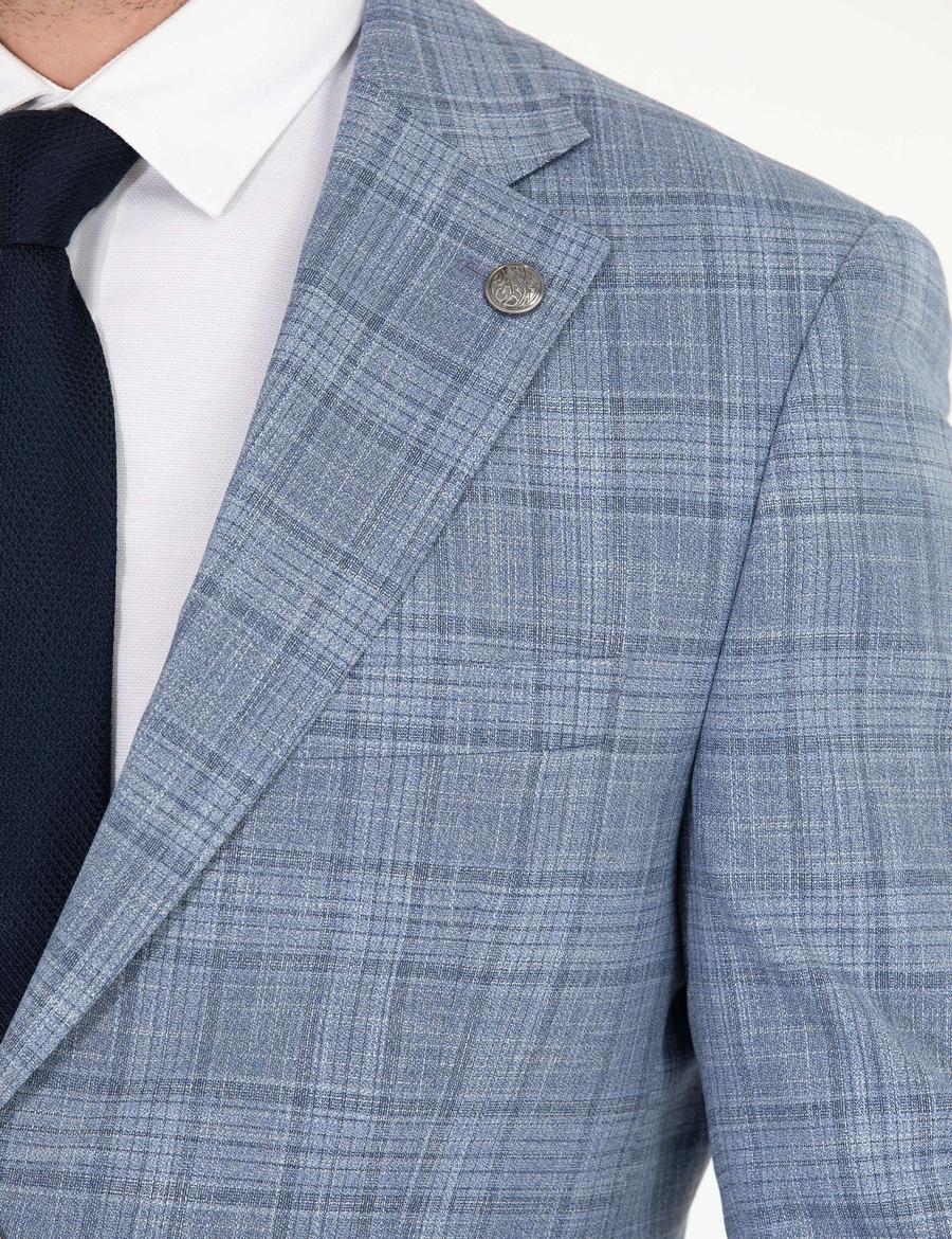 Ekose Açık Mavi Slim Fit Takım Elbise