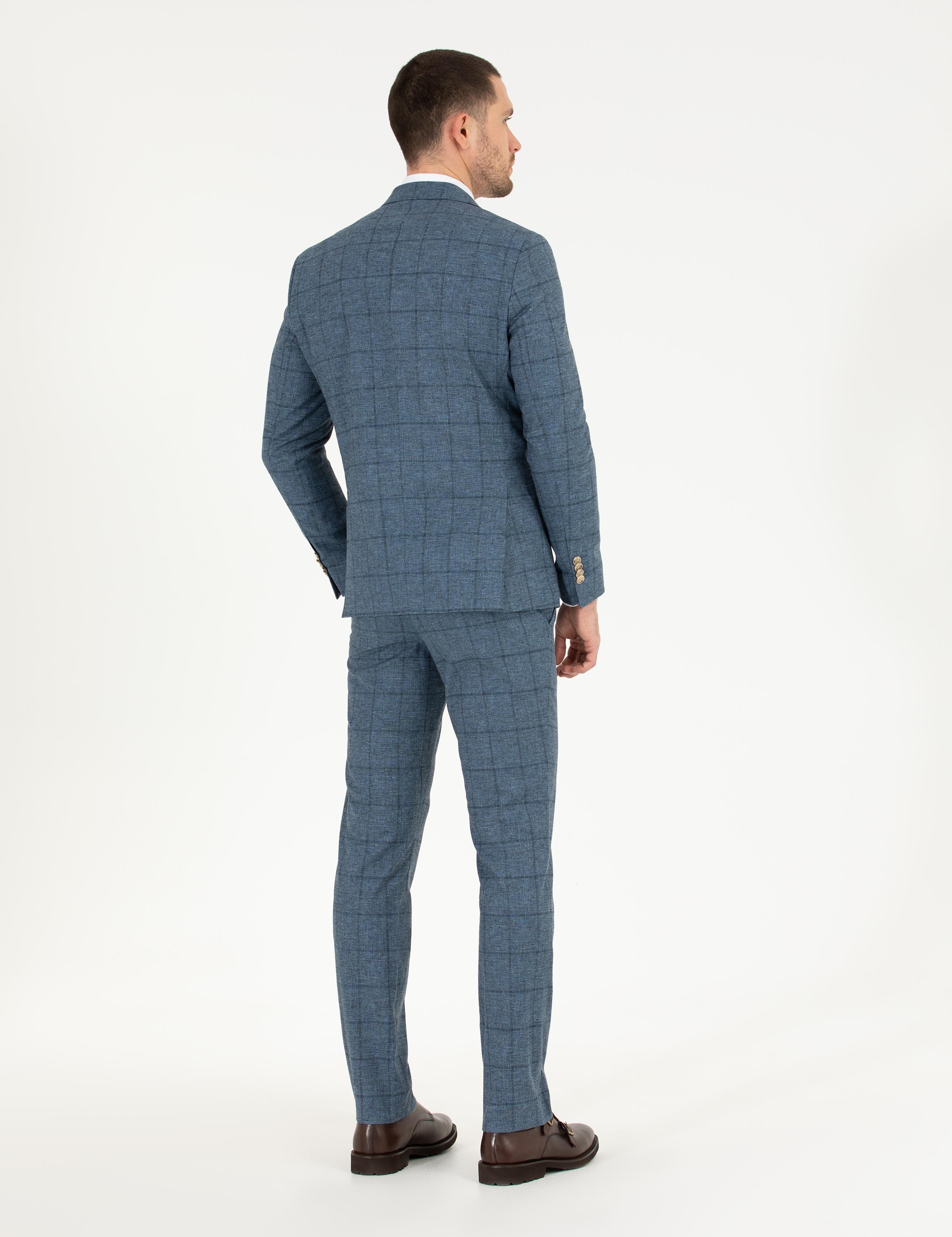 Ekose Açık Lacivert Slim Fit Takım Elbise