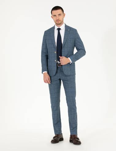 Ekose Açık Lacivert Slim Fit Takım Elbise