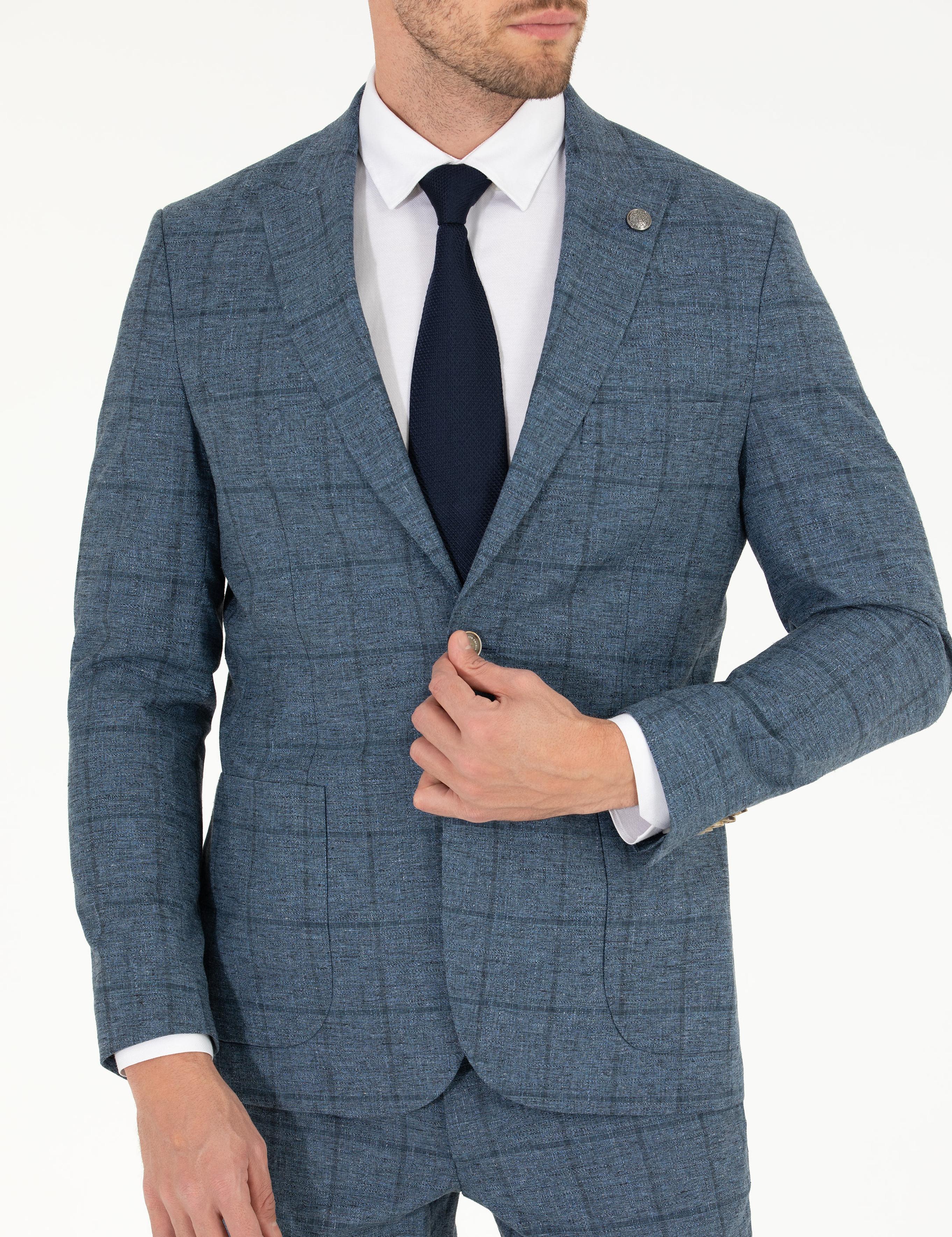 Ekose Açık Lacivert Slim Fit Takım Elbise