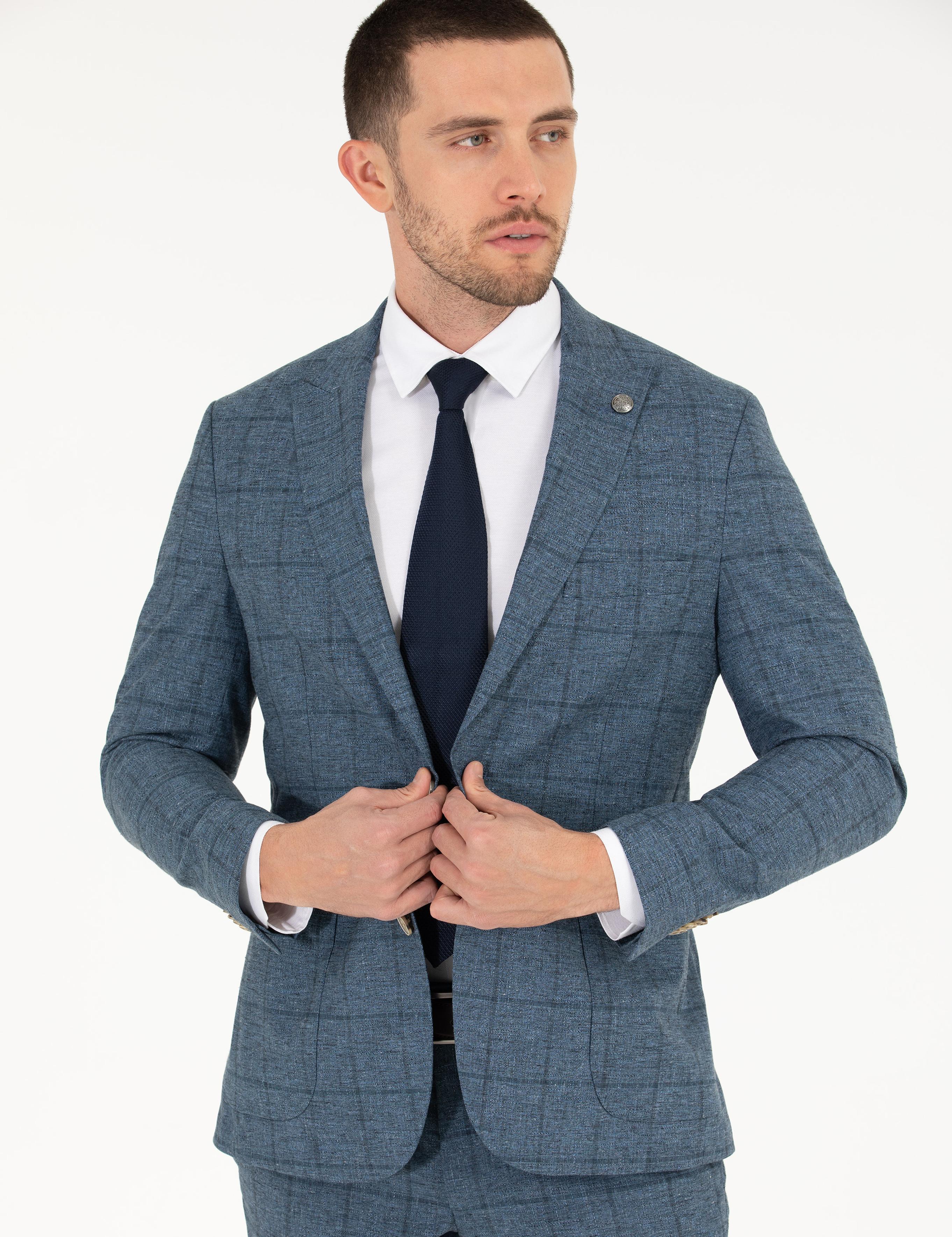 Ekose Açık Lacivert Slim Fit Takım Elbise