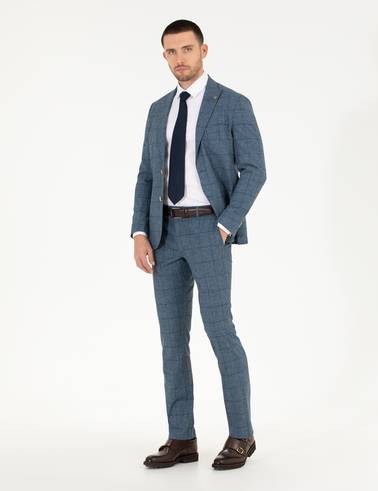 Ekose Açık Lacivert Slim Fit Takım Elbise