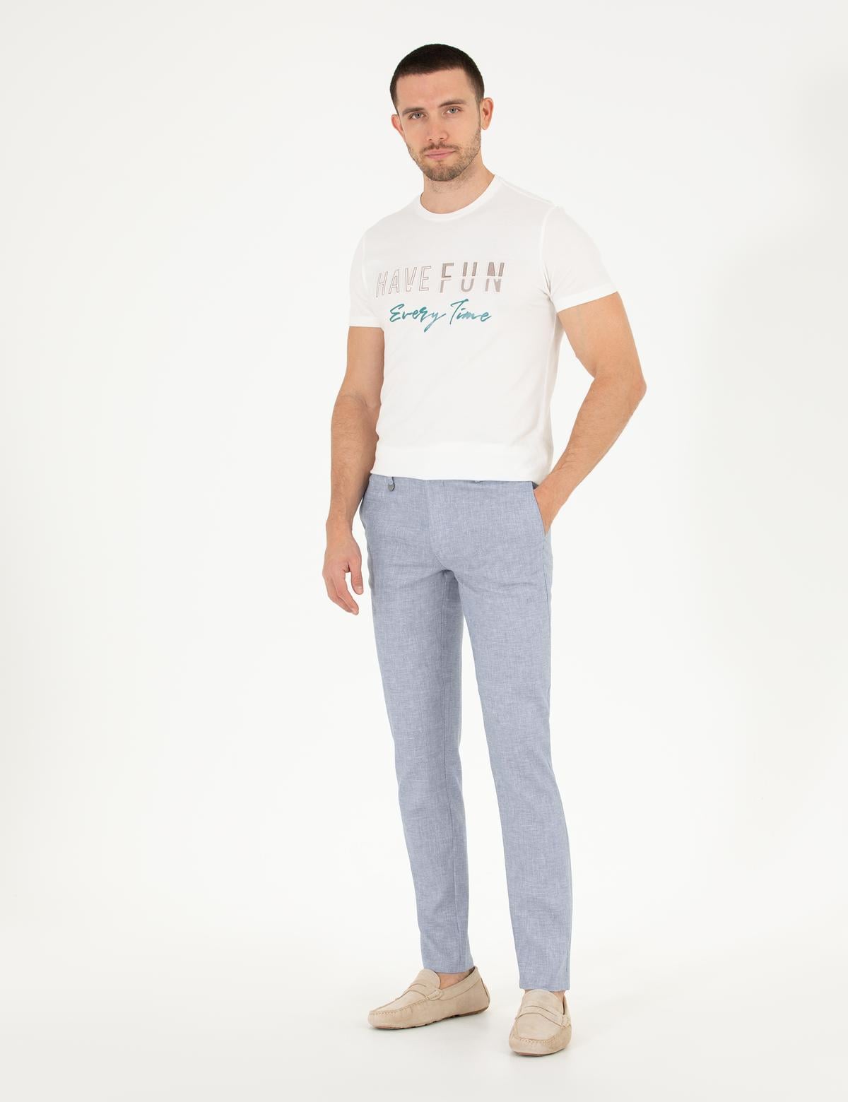 Açık Mavi Keten Karışımlı Jogger Kumaş Pantolon