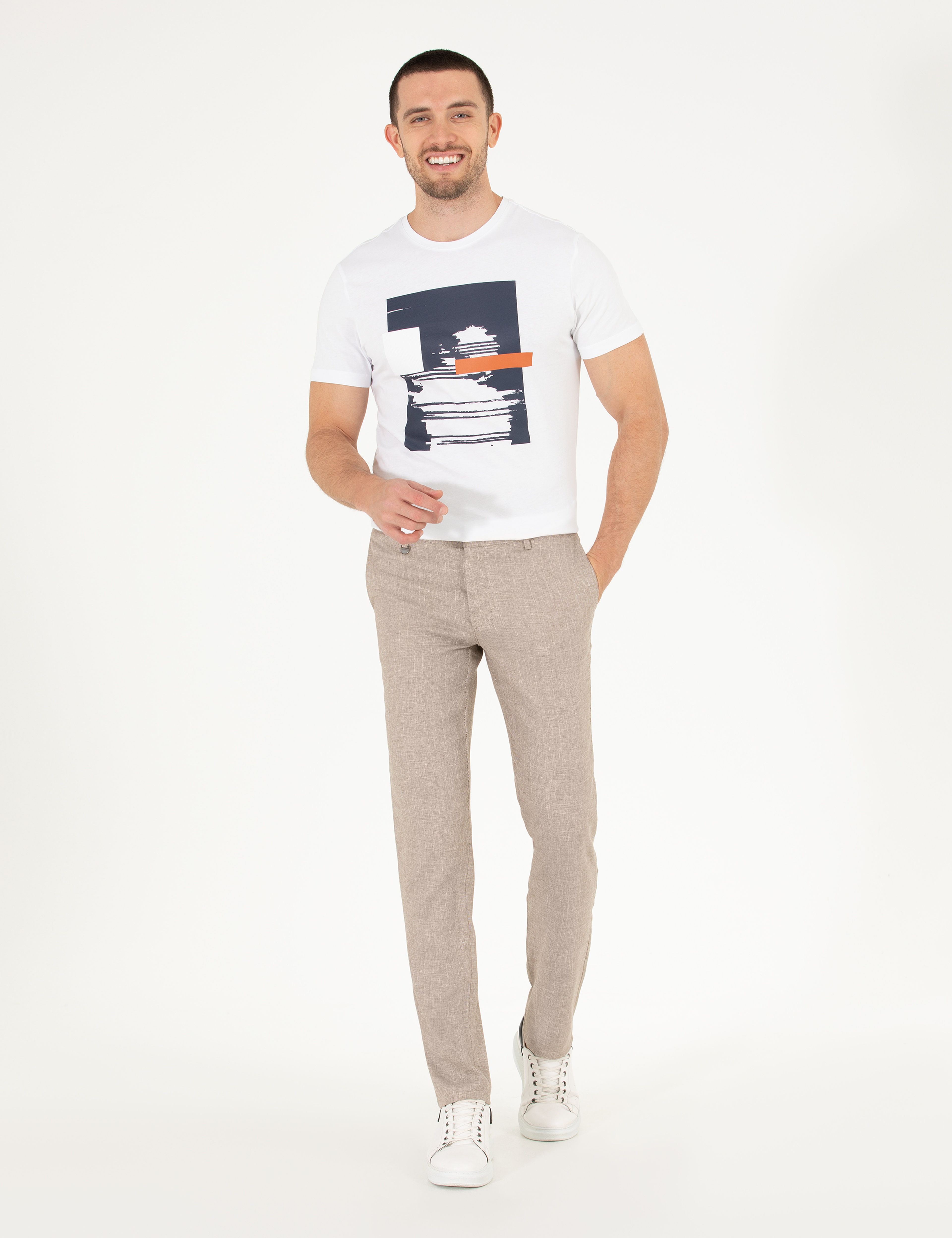 Açık Kahverengi Keten Karışımlı Jogger Kumaş Pantolon - Image 1