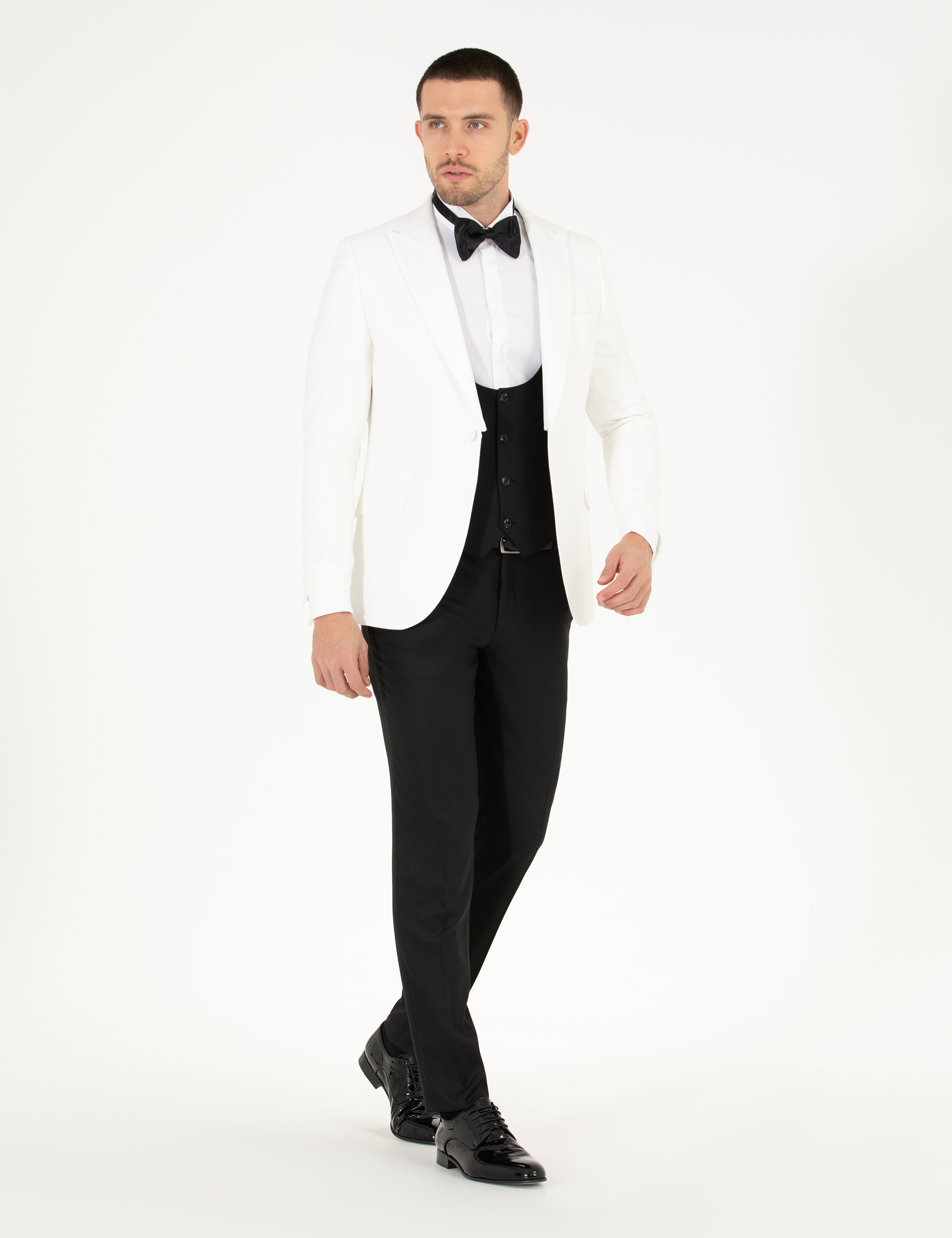 Beyaz Ex. Slim Fit Yelekli Smokin - Image 5