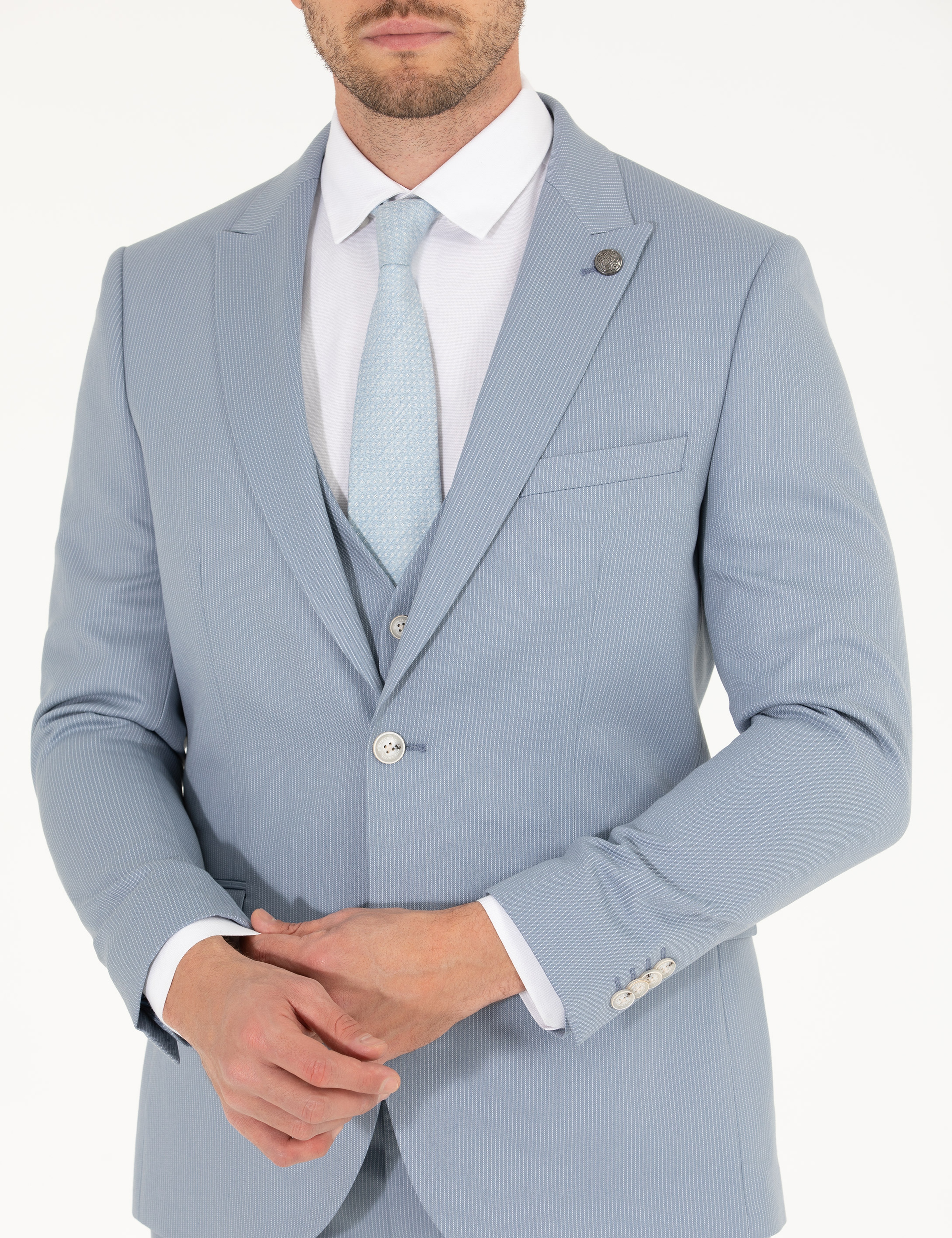 Açık Mavi Ex. Slim Fit Yelekli Takım Elbise - Image 7