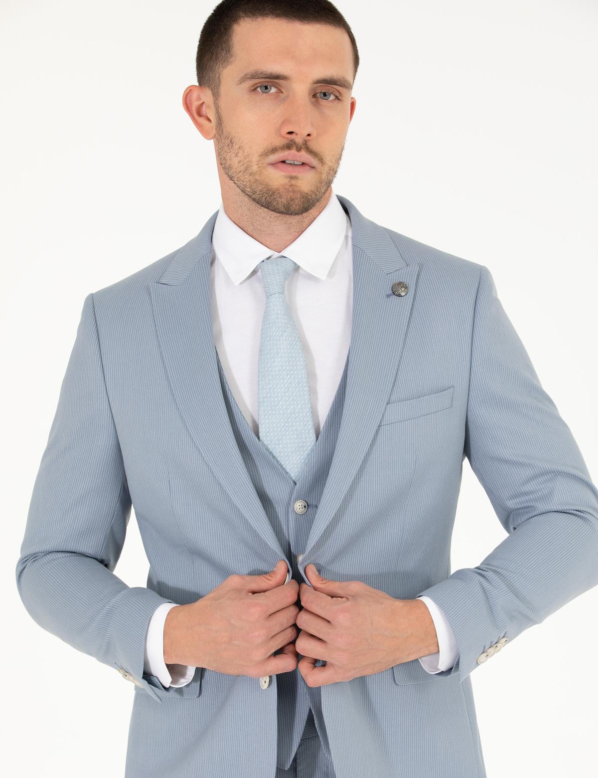 Açık Mavi Ex. Slim Fit Yelekli Takım Elbise - 50266273065