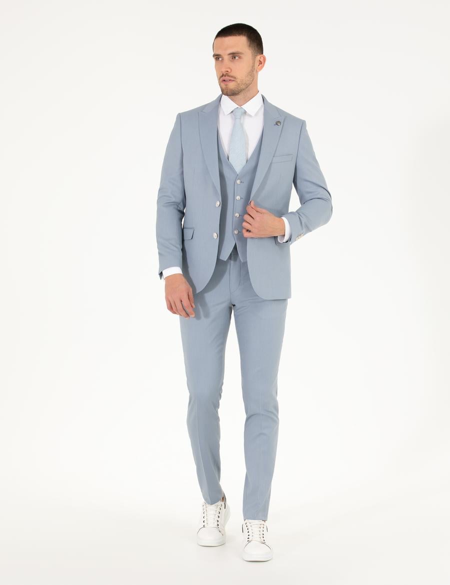 Açık Mavi Ex. Slim Fit Yelekli Takım Elbise