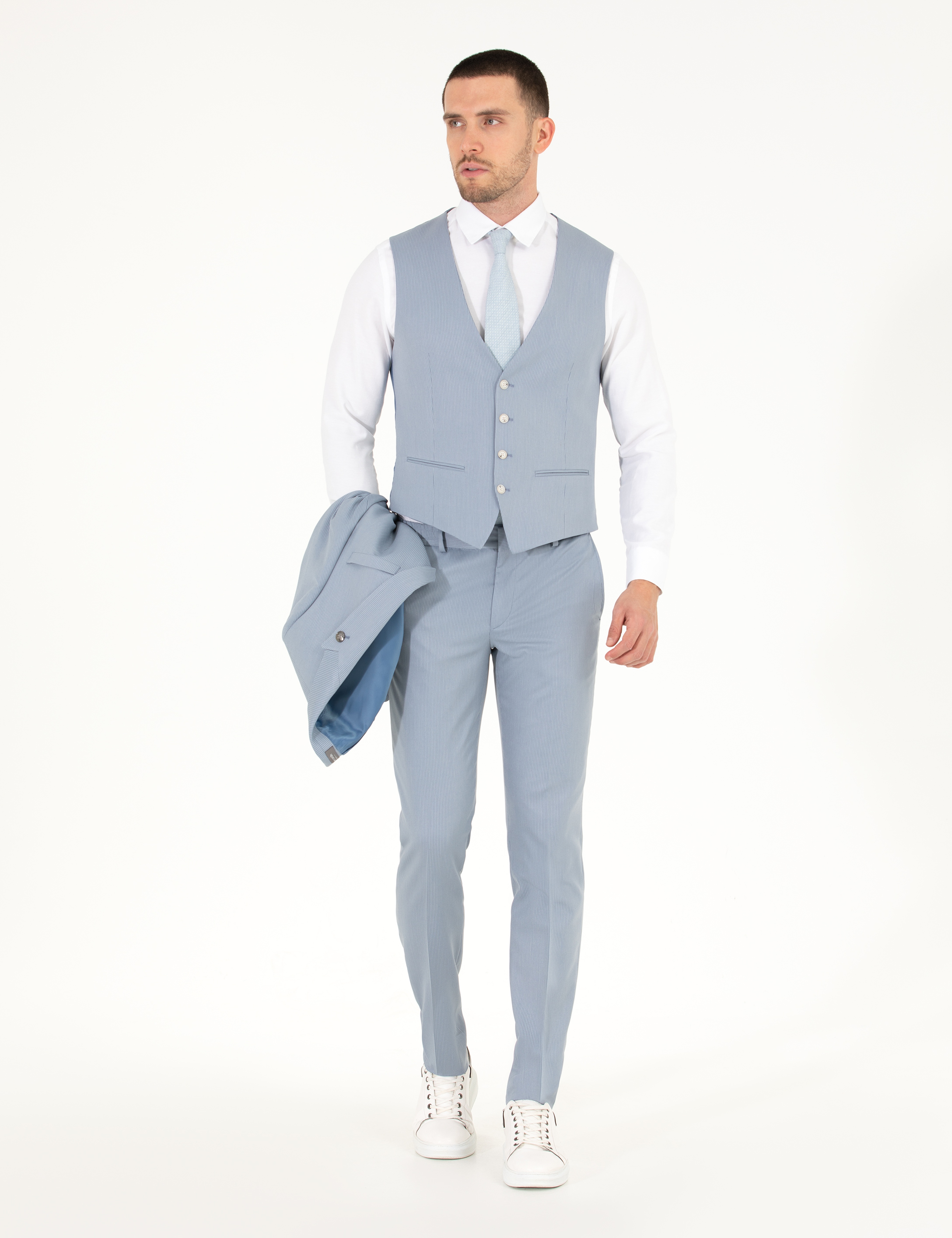 Açık Mavi Ex. Slim Fit Yelekli Takım Elbise