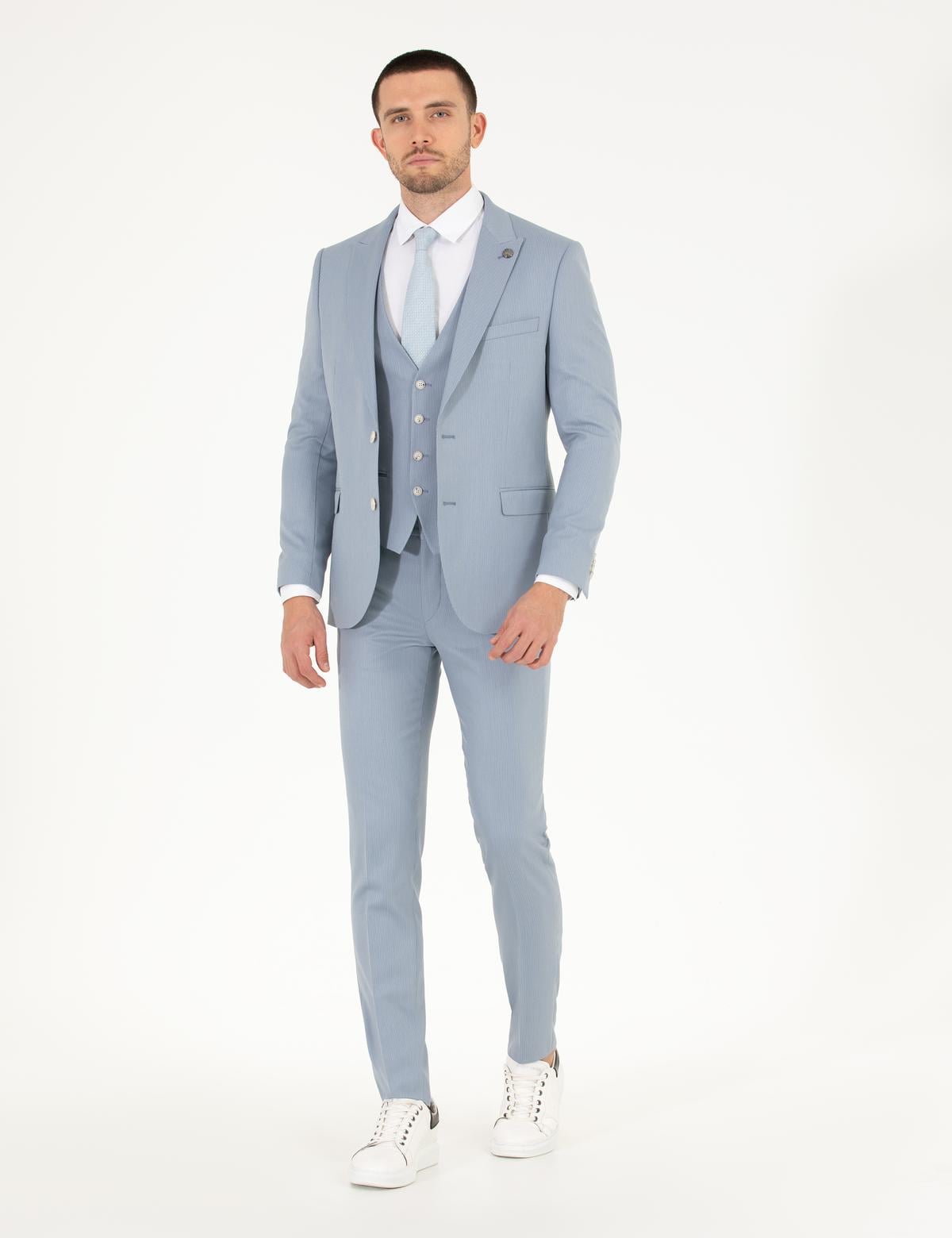 Açık Mavi Ex. Slim Fit Yelekli Takım Elbise - 50266273065