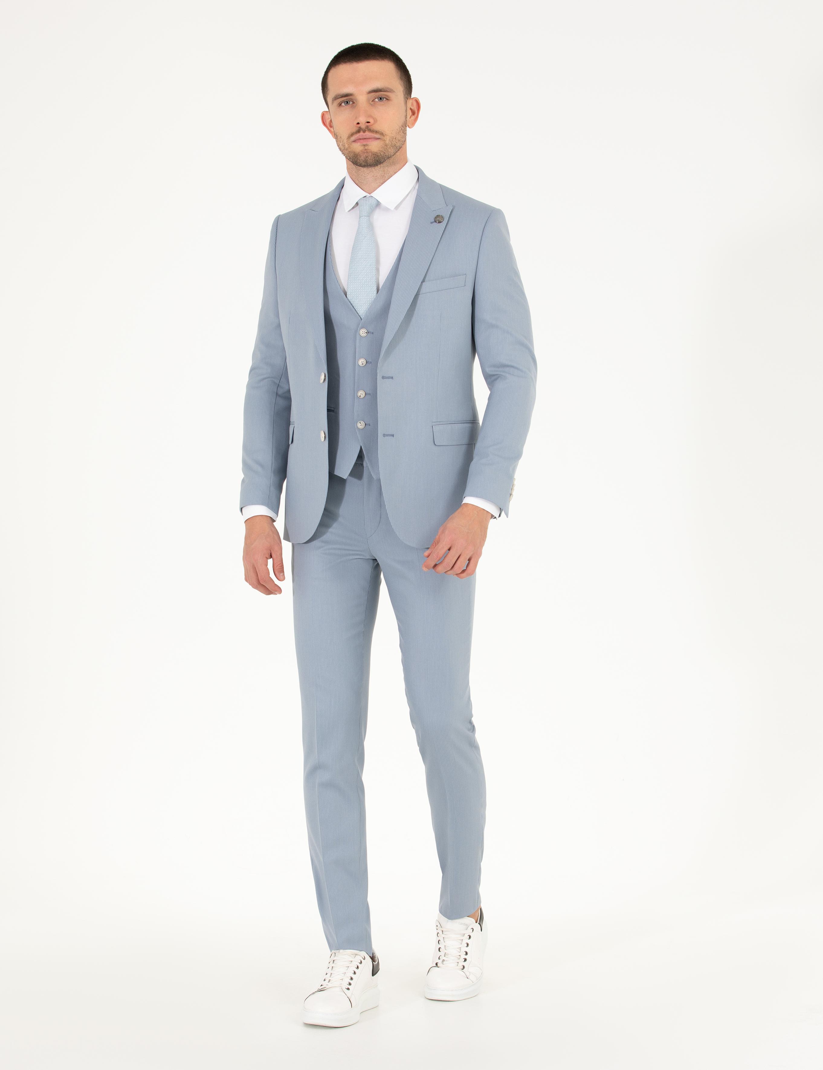 Açık Mavi Ex. Slim Fit Yelekli Takım Elbise