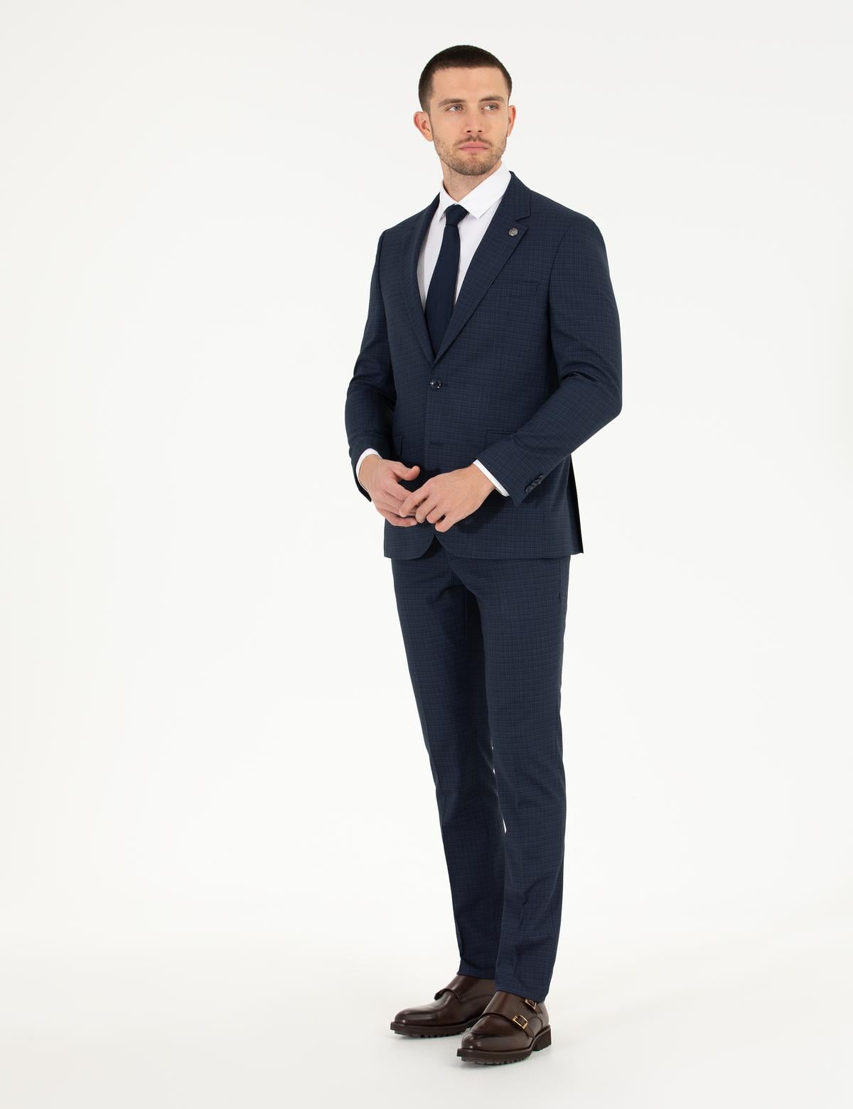 Ekose Lacivert Slim Fit Takım Elbise - 50266600005