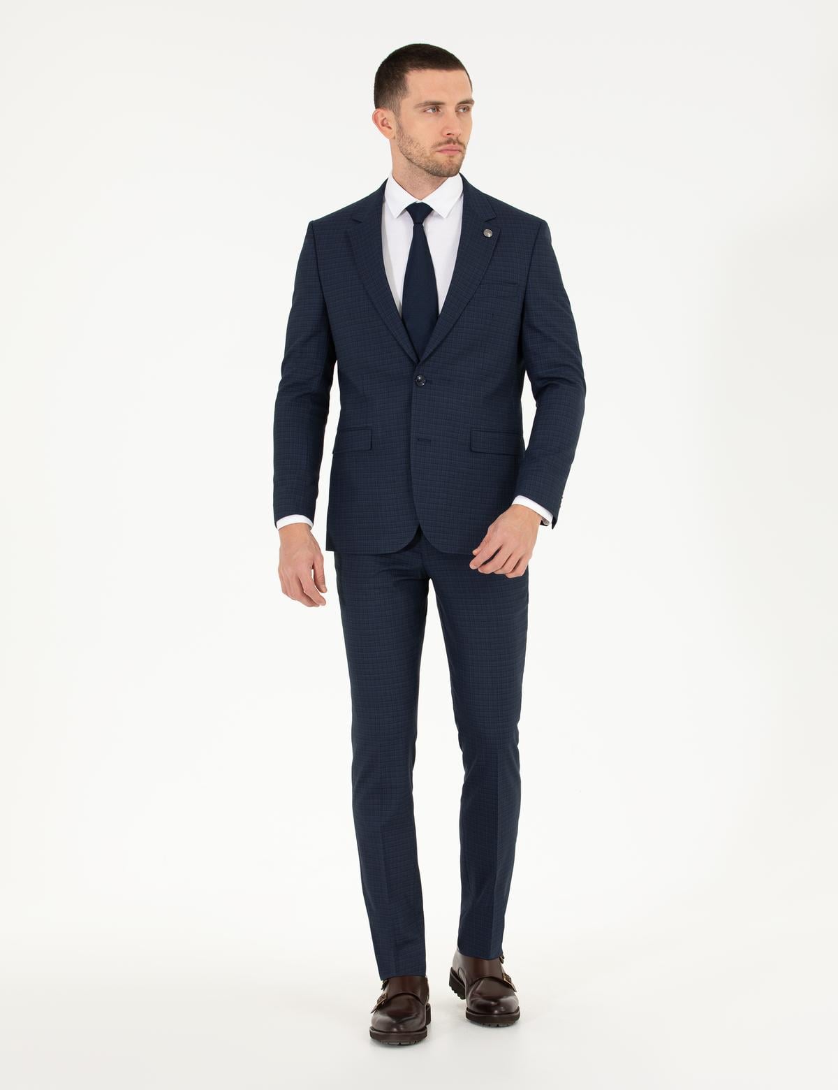 Ekose Lacivert Slim Fit Takım Elbise