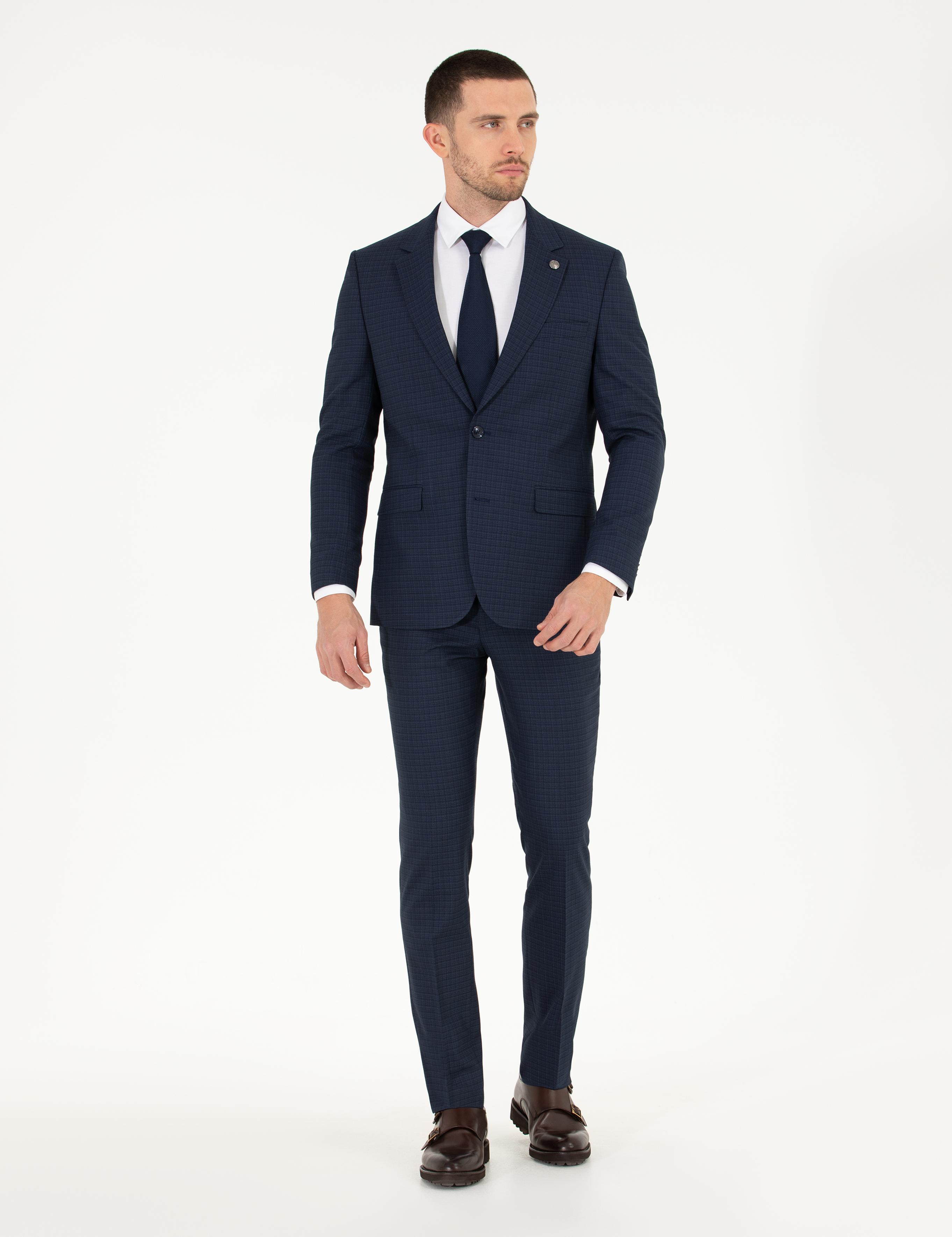 Ekose Lacivert Slim Fit Takım Elbise