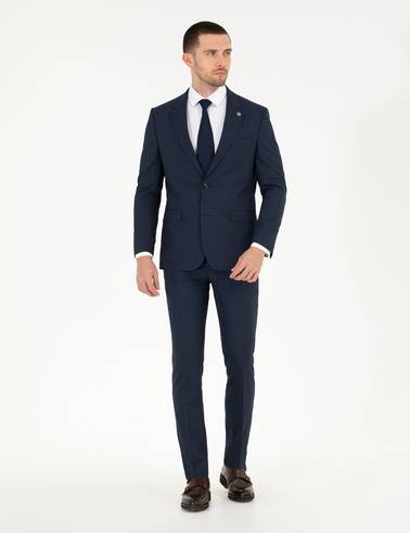 Ekose Lacivert Slim Fit Takım Elbise