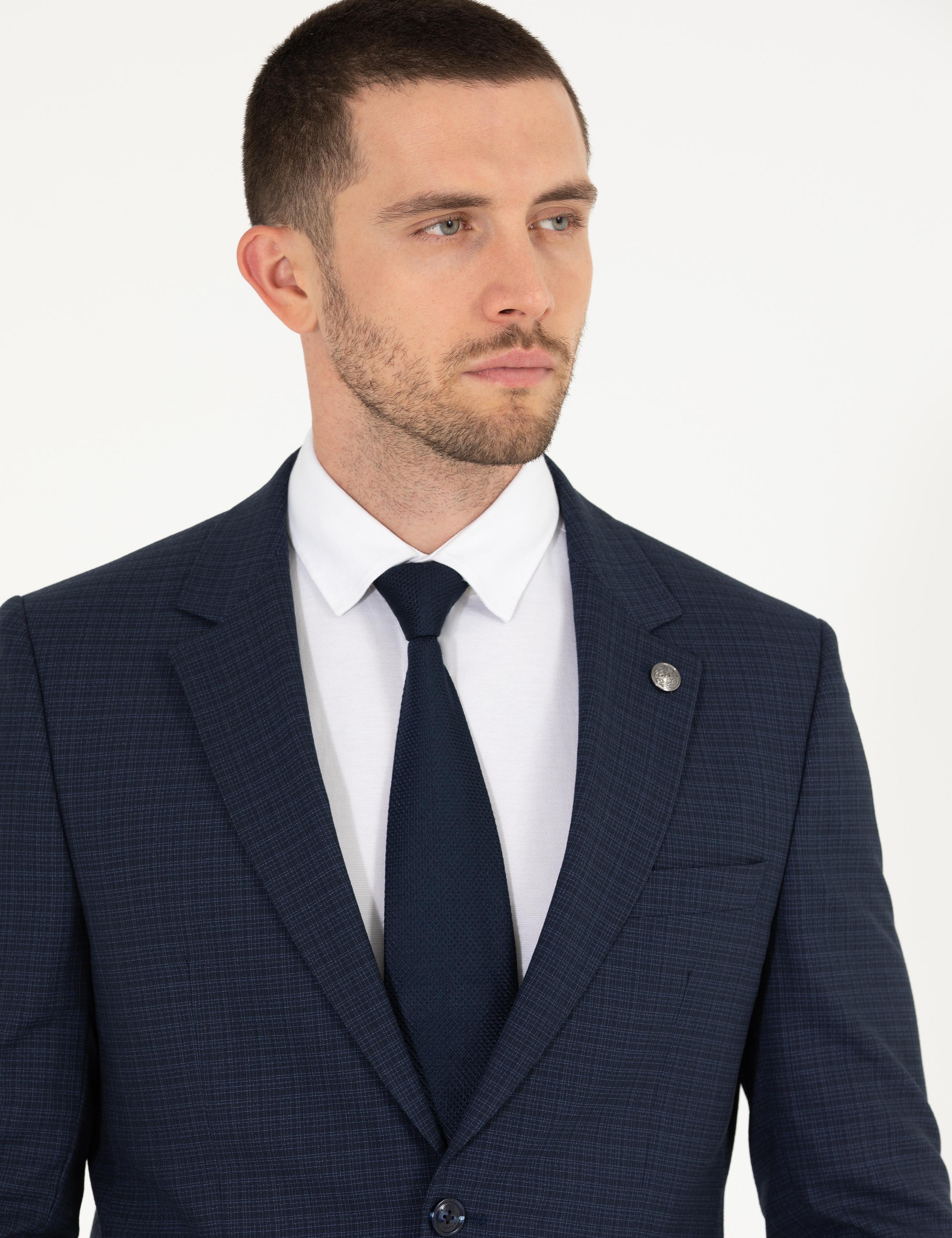 Ekose Lacivert Slim Fit Takım Elbise