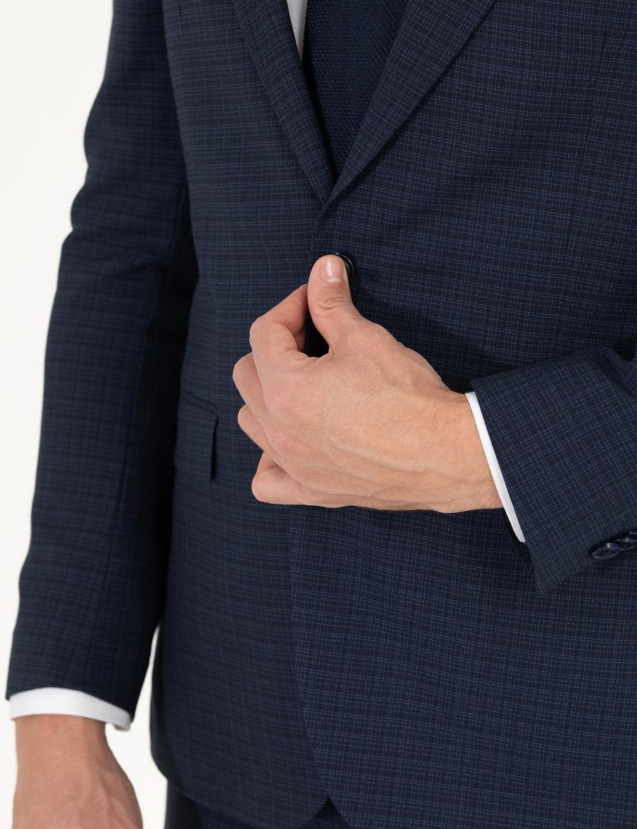 Ekose Lacivert Slim Fit Takım Elbise