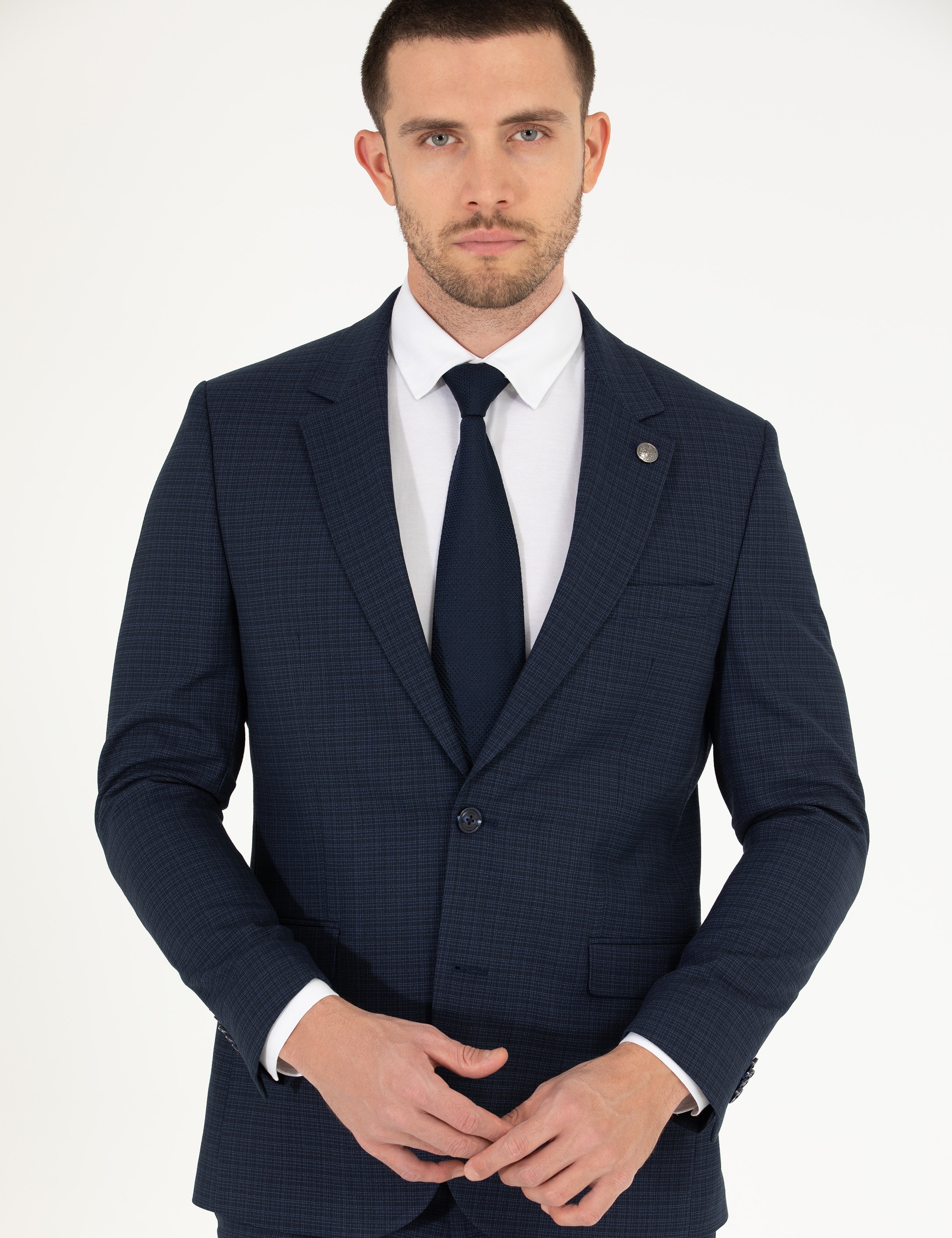 Ekose Lacivert Slim Fit Takım Elbise