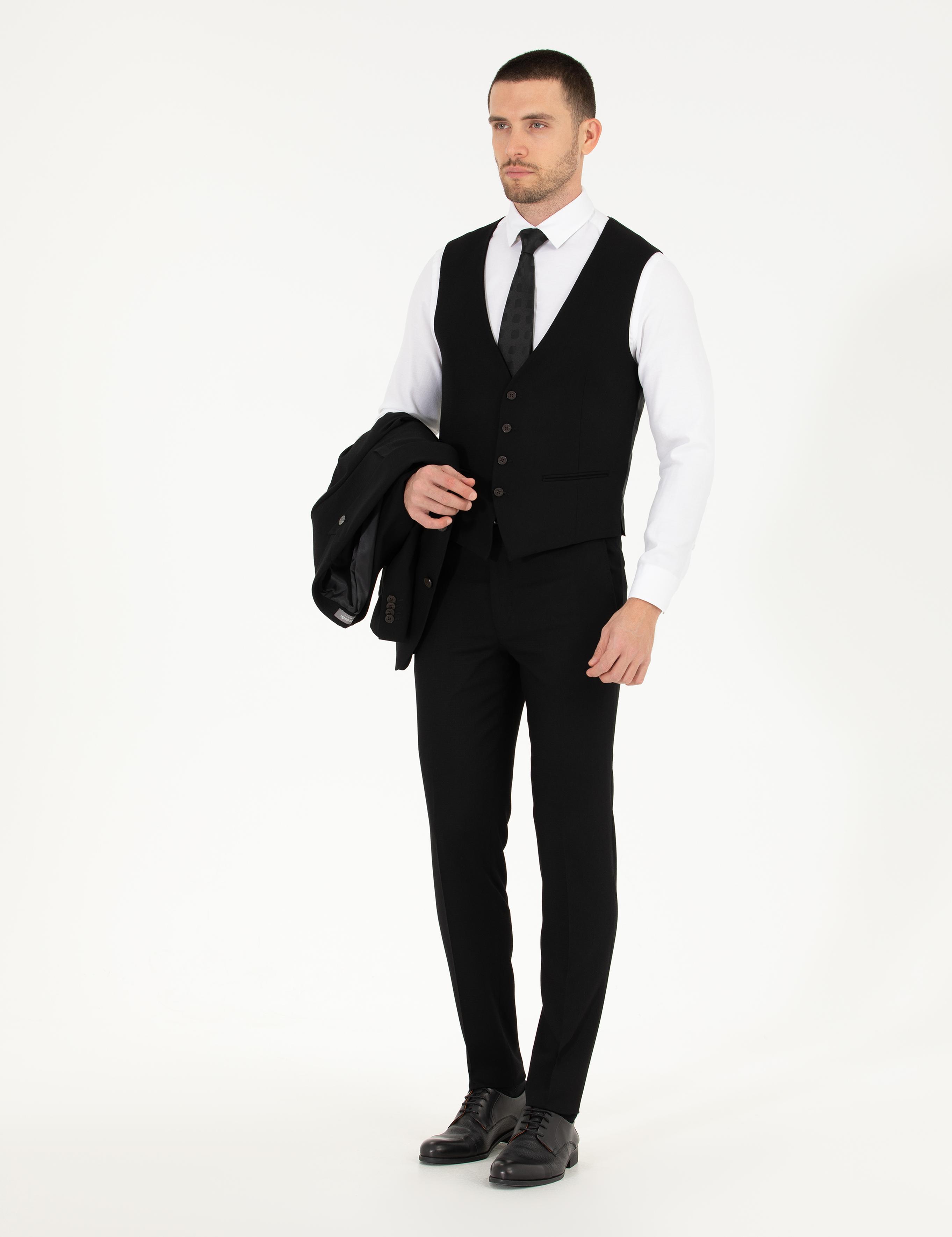 Siyah Ex. Slim Fit Yelekli Takım Elbise