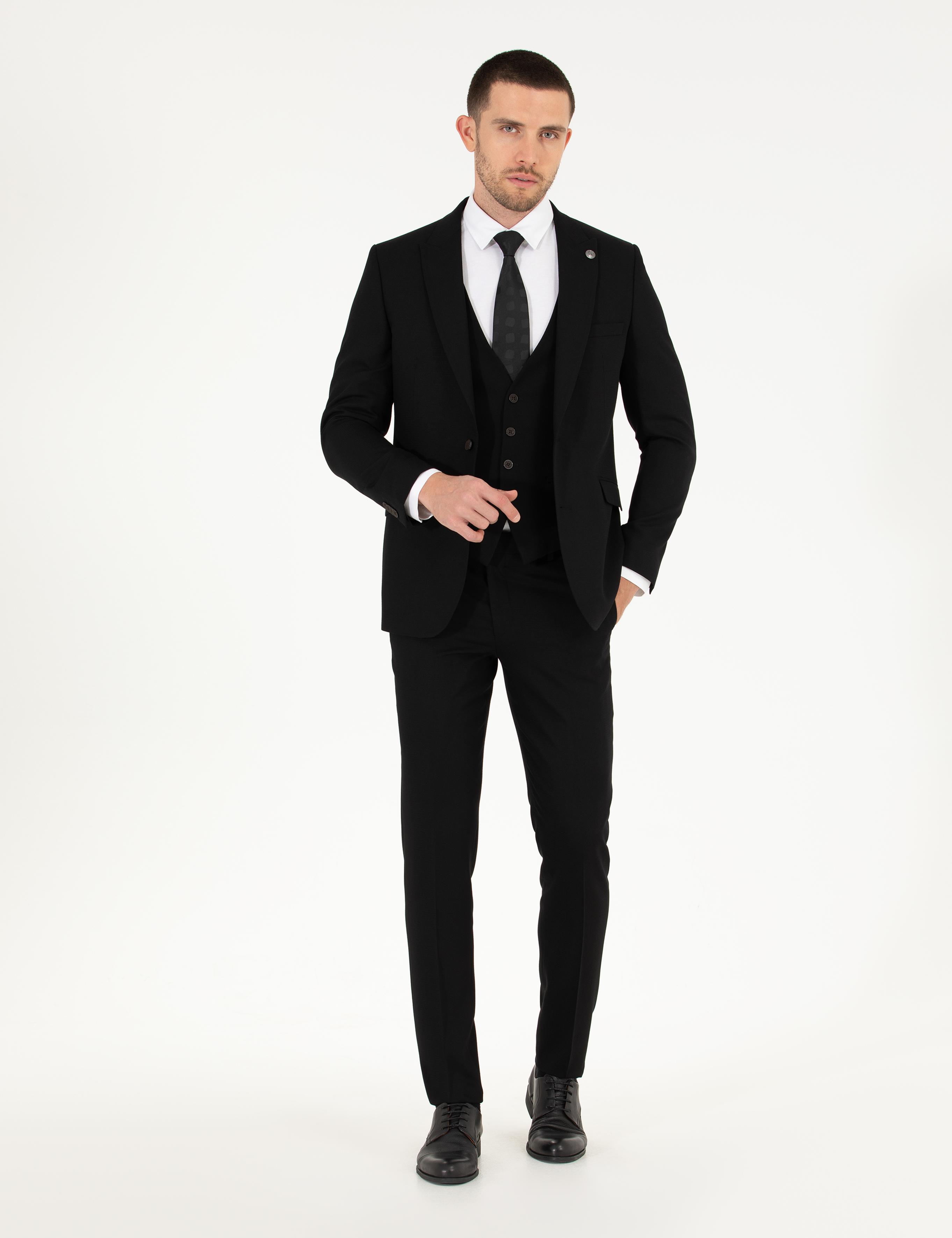 Siyah Ex. Slim Fit Yelekli Takım Elbise