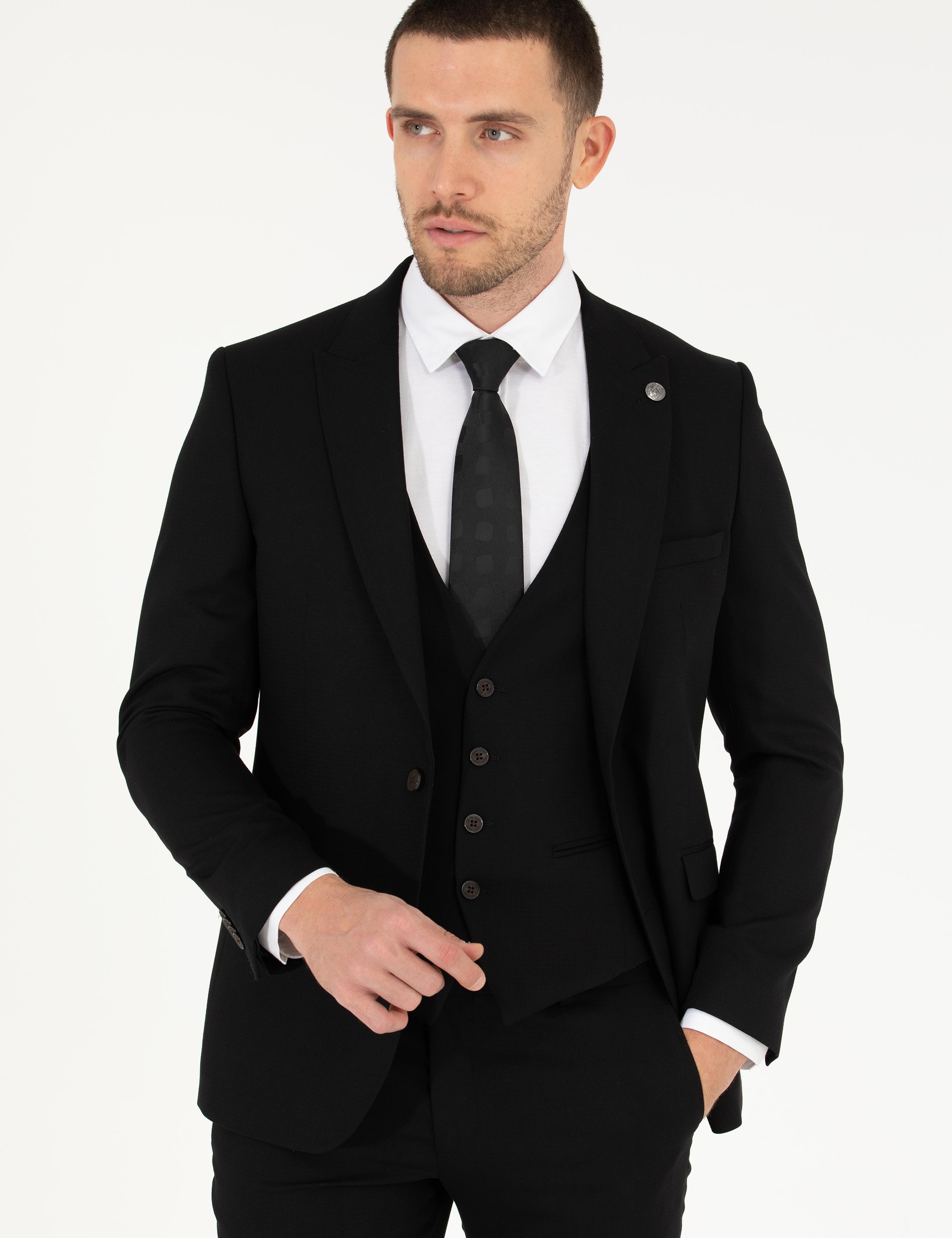 Siyah Ex. Slim Fit Yelekli Takım Elbise