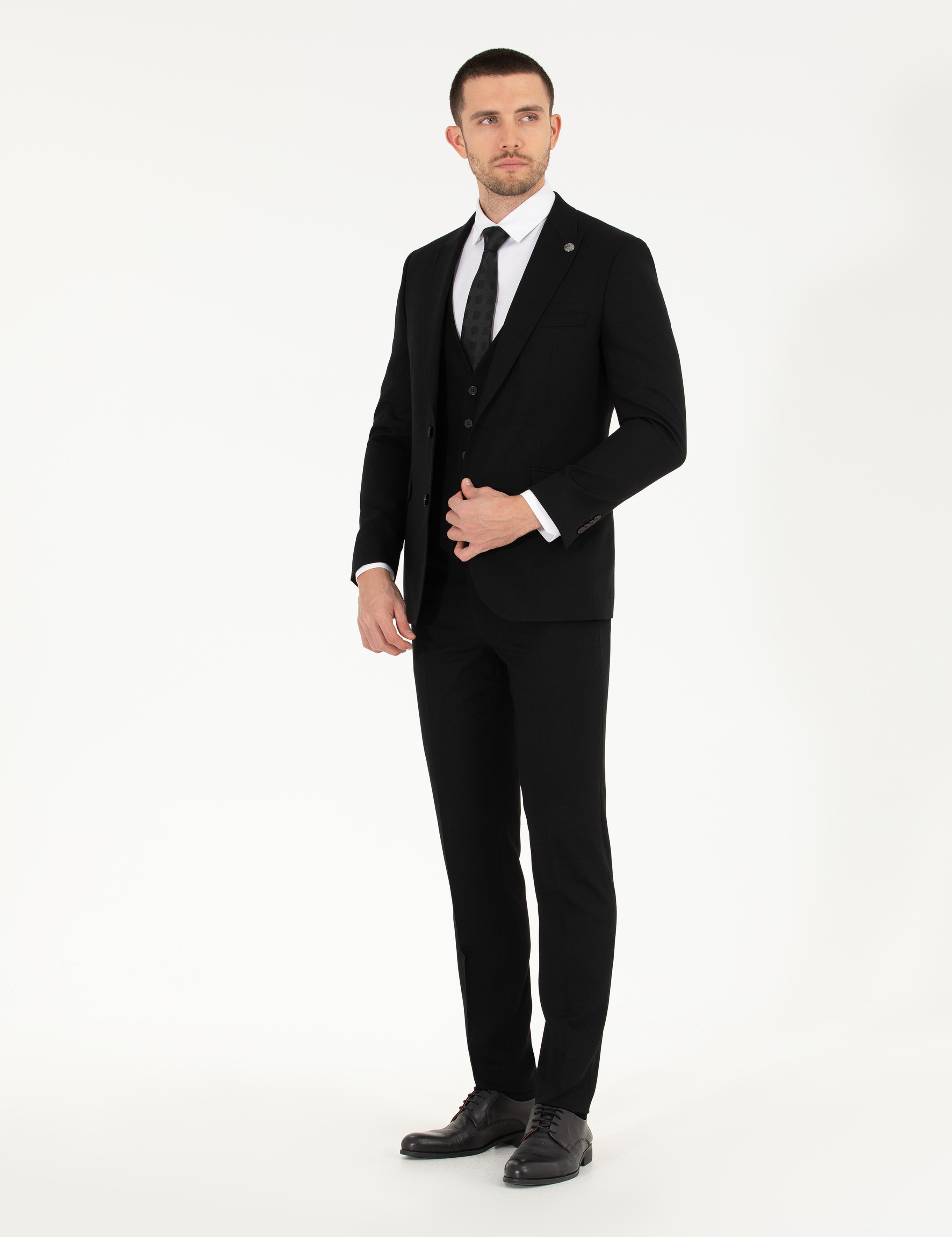 Siyah Ex. Slim Fit Yelekli Takım Elbise