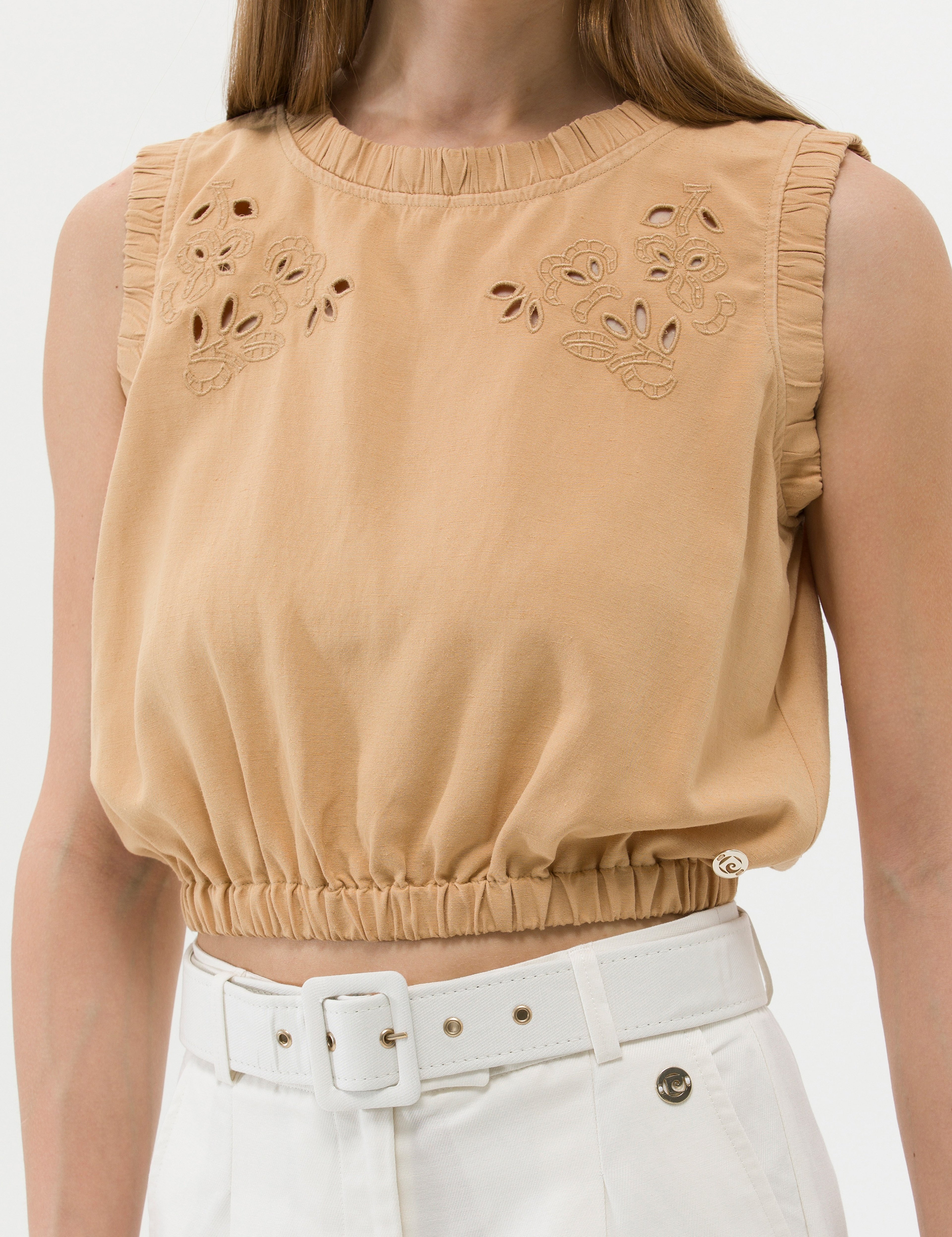Bej Keten Karışımlı Crop Top Kolsuz Bluz