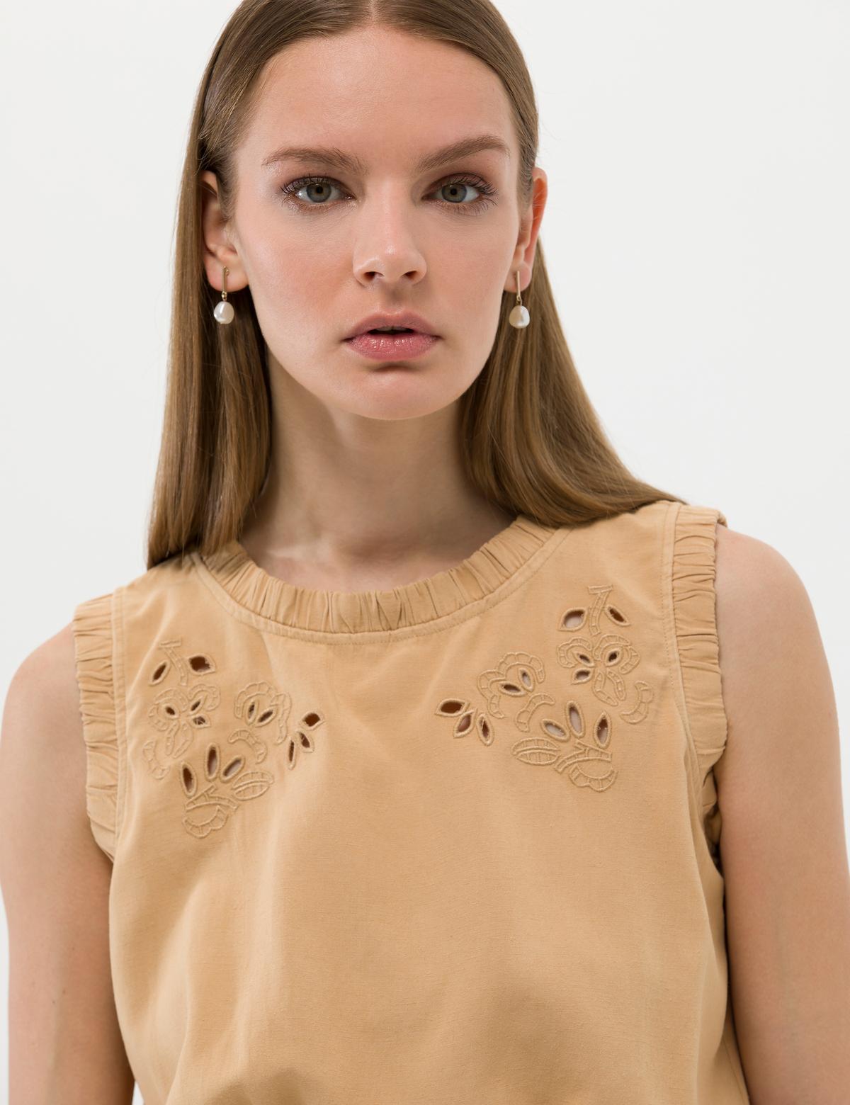 Bej Keten Karışımlı Crop Top Kolsuz Bluz - 50262547031