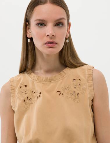 Bej Keten Karışımlı Crop Top Kolsuz Bluz