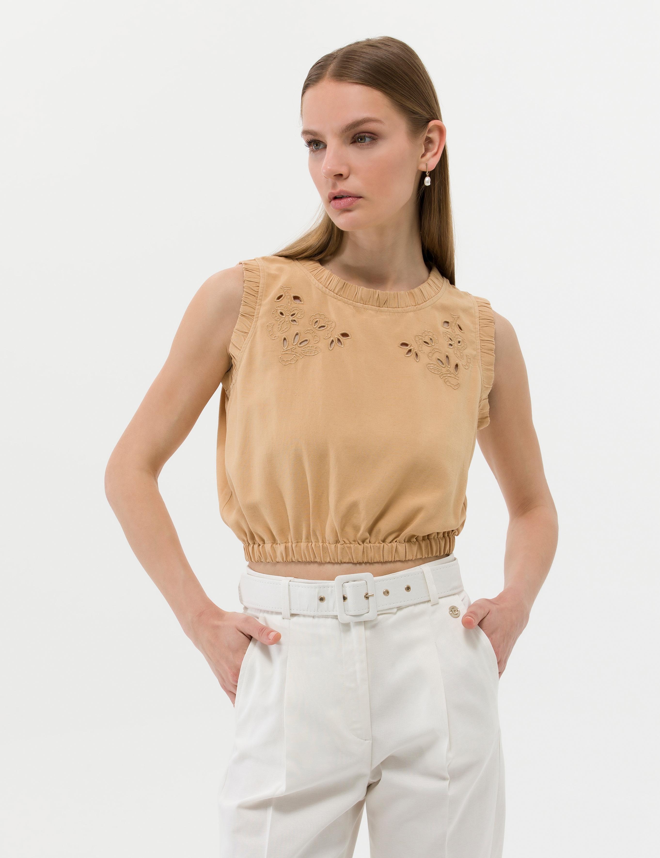 Bej Keten Karışımlı Crop Top Kolsuz Bluz