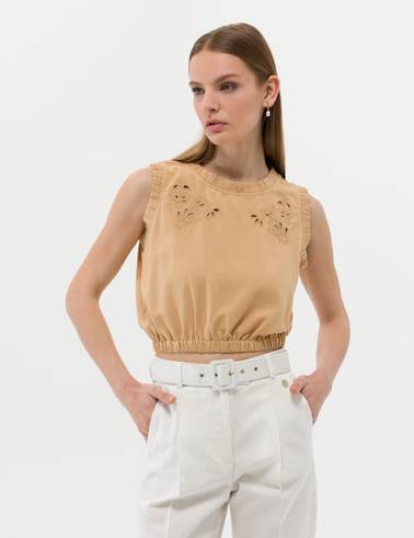 Bej Keten Karışımlı Crop Top Kolsuz Bluz